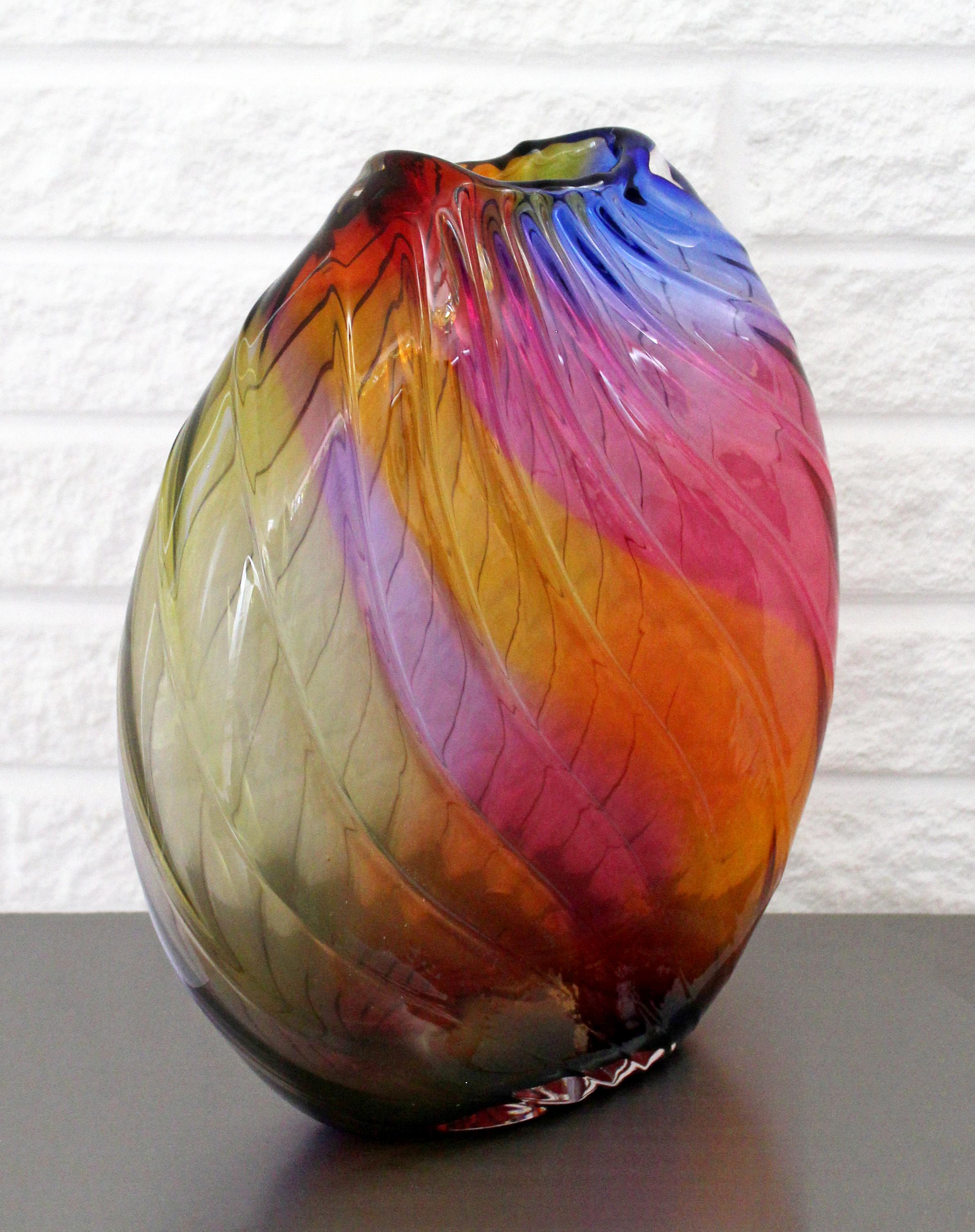 Italian Contemporary Modern Signed Rainbow Murano Glass Sculpture Vessel Vase, Italy