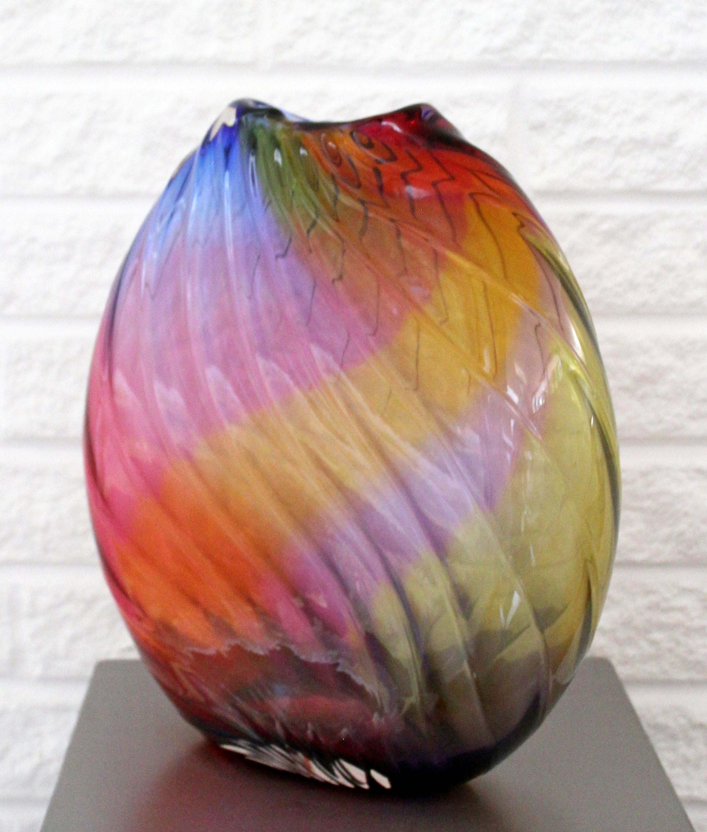 Late 20th Century Contemporary Modern Signed Rainbow Murano Glass Sculpture Vessel Vase, Italy