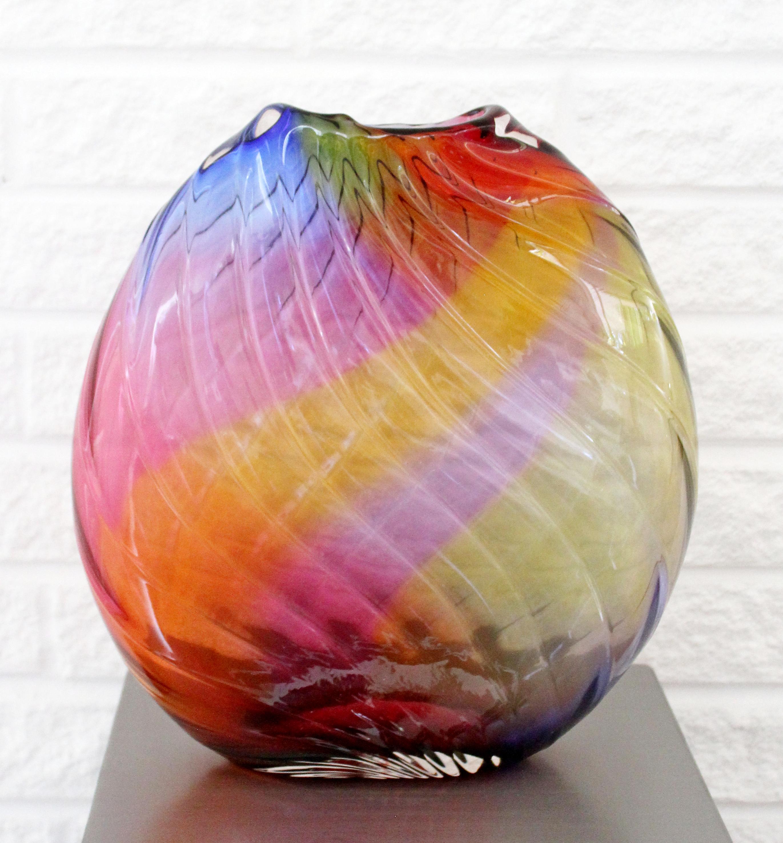 Contemporary Modern Signed Rainbow Murano Glass Sculpture Vessel Vase, Italy 1
