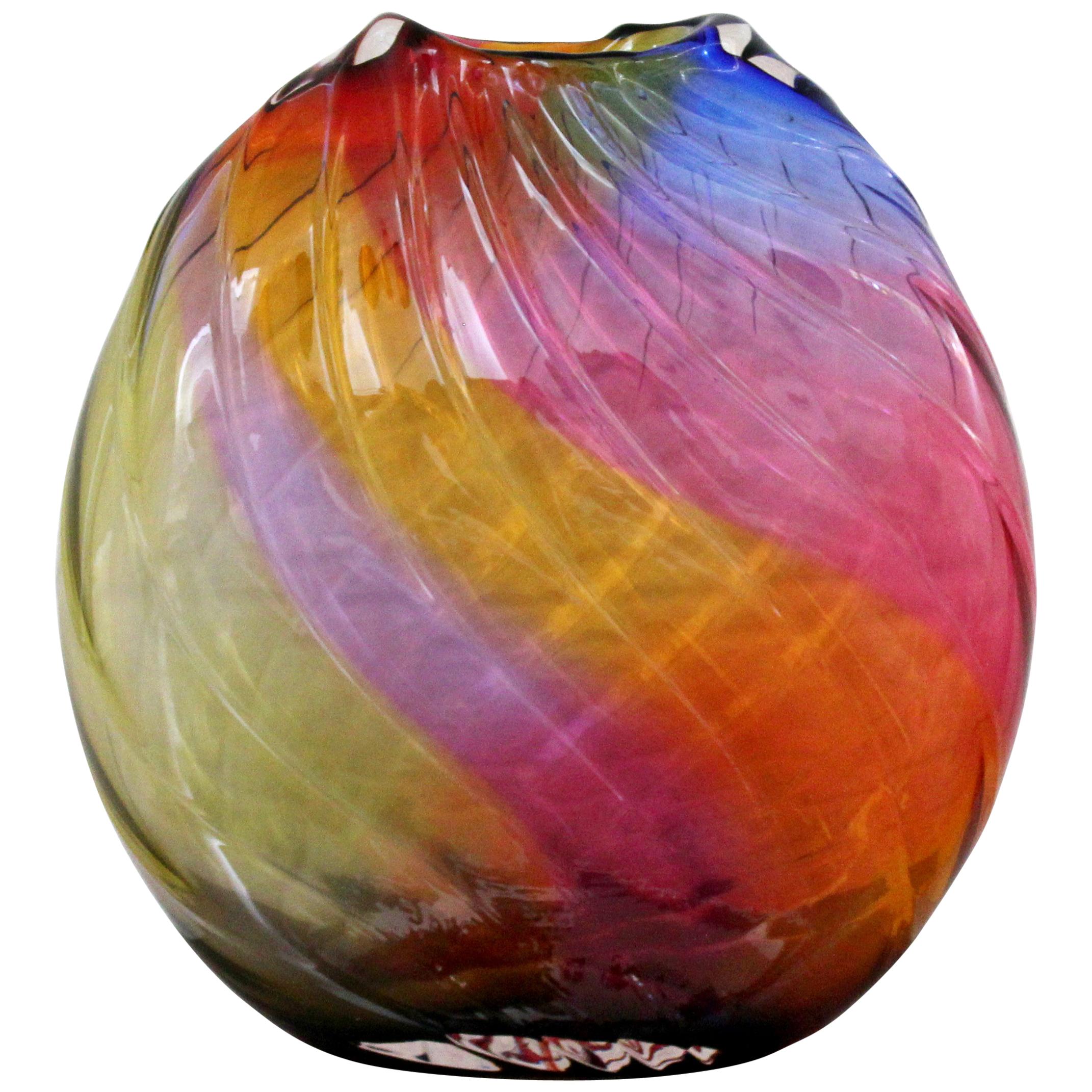Contemporary Modern Signed Rainbow Murano Glass Sculpture Vessel Vase, Italy