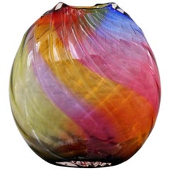 Vintage Contemporary Modern Signed Rainbow Murano Glass Sculpture Vessel Vase, Italy