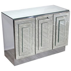 Contemporary Modern Small Ello Mirrored Glass 3-Door Credenza Cabinet, 1980s