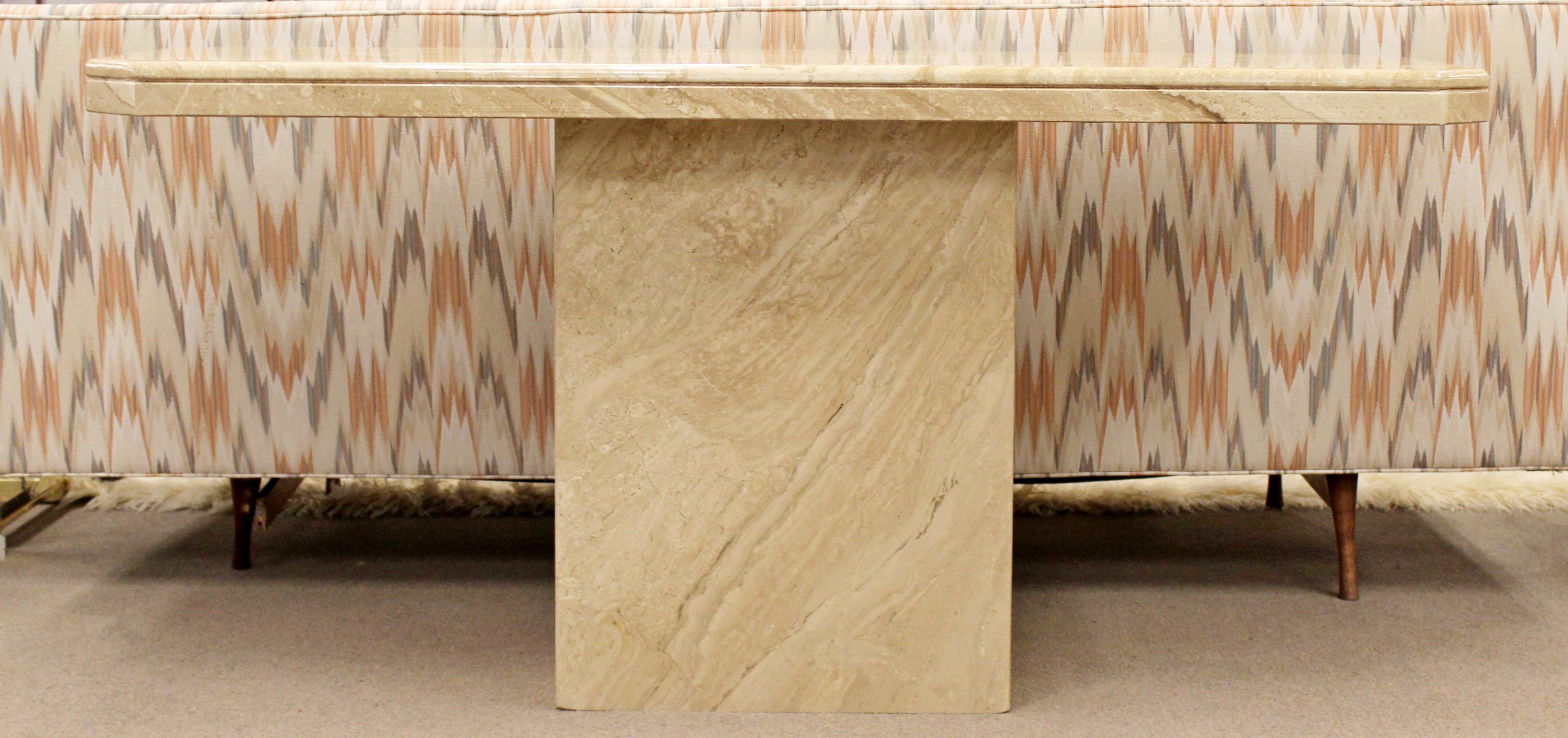 For your consideration is an incredible, solid marble console sofa table, made in Italy, circa 1980s. In excellent condition. The dimensions are 58.5