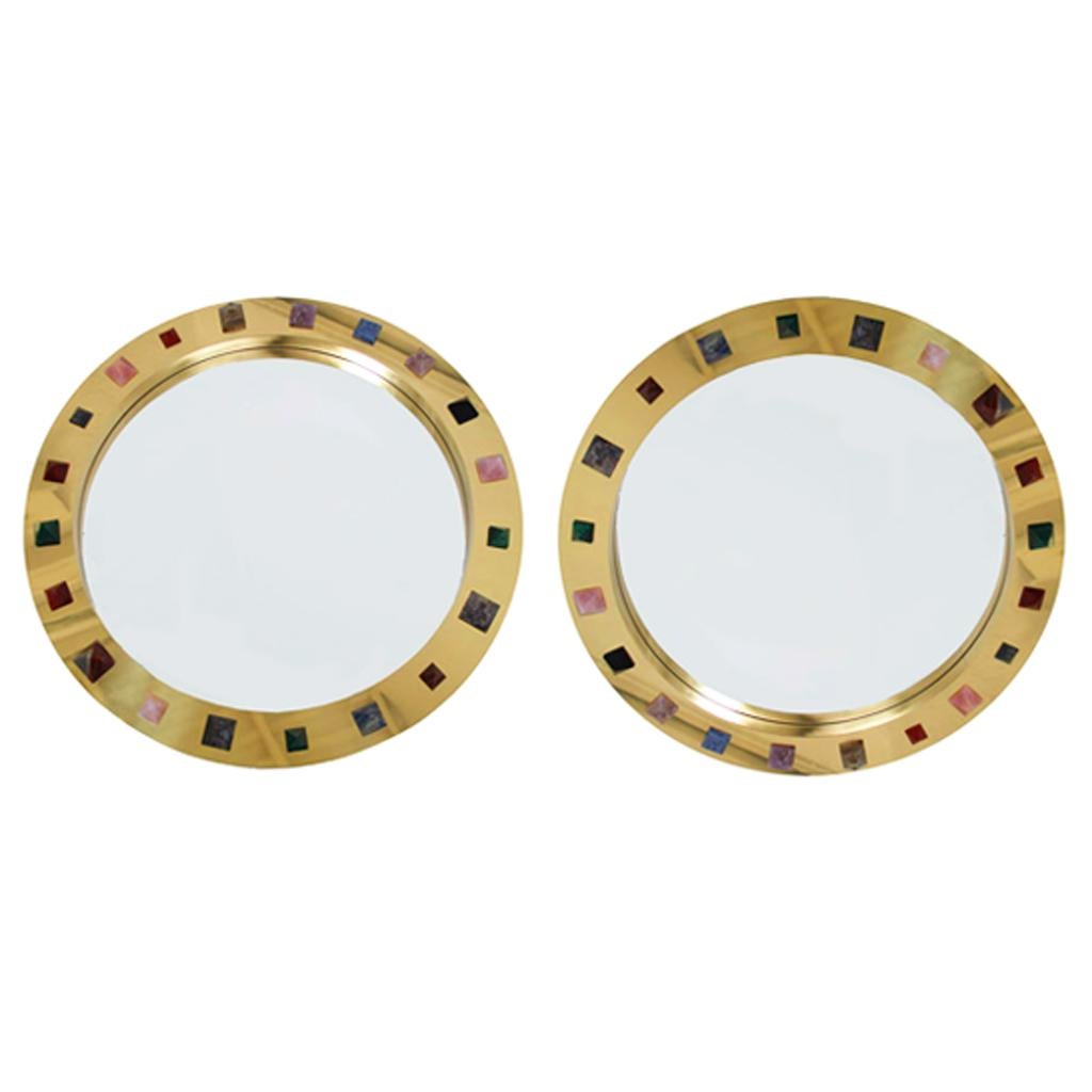 Modern circular Spanish mirror designed by L.A. Studio. Made of brass frame with pyramidal semi precious stones inlaid, such as pink quartz, black quartz, white quartz, tiger eye and malachite.

 