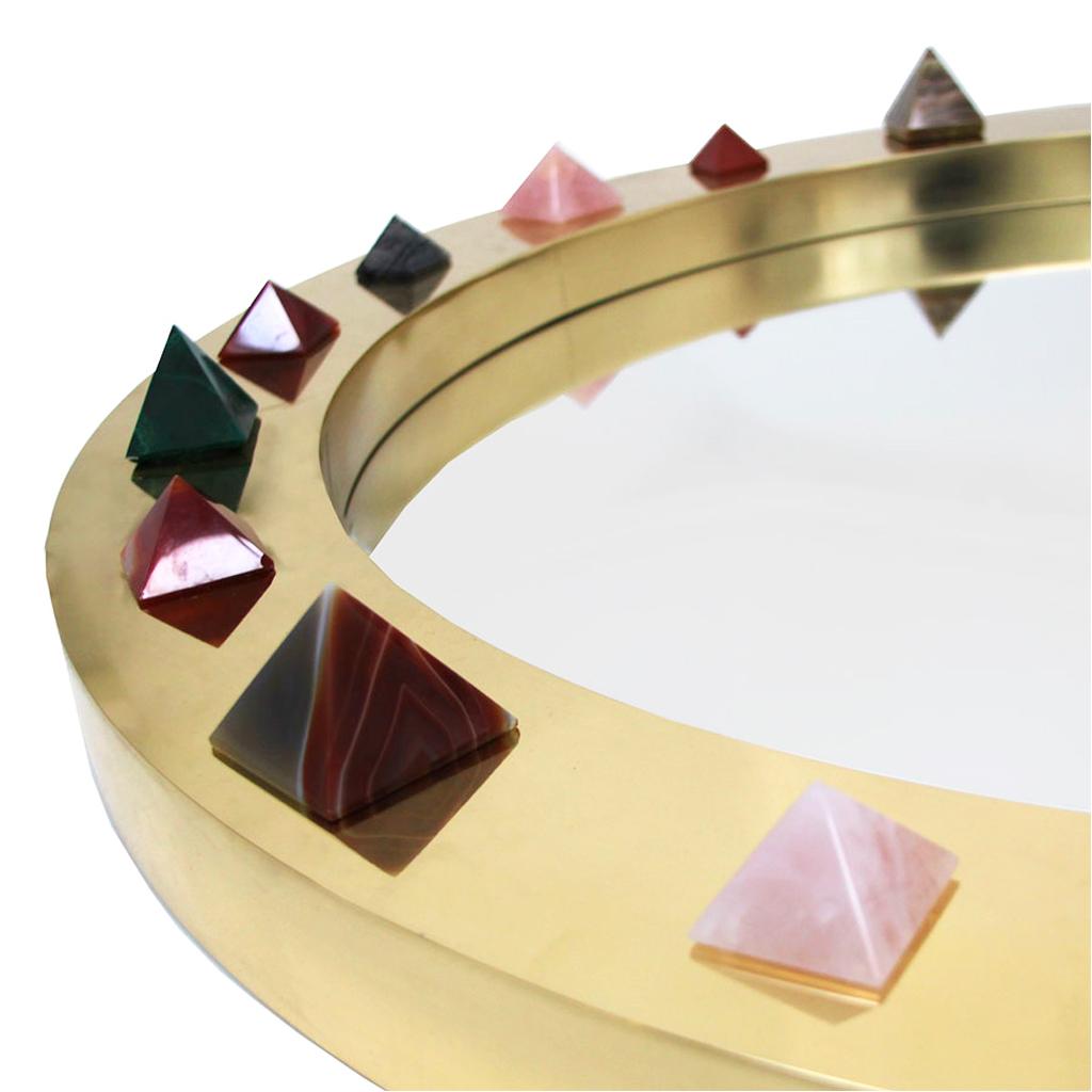 Mid-Century Modern Contemporary Modern Spanish Circular Brass and Semi Precious Stones Mirror