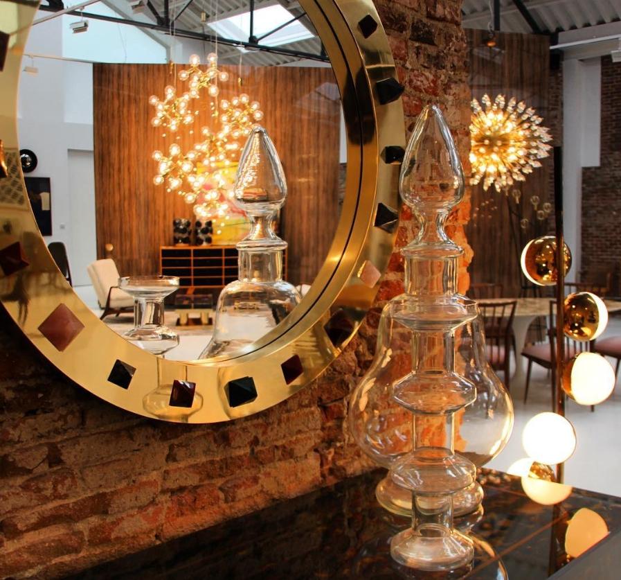 Contemporary Modern Spanish Circular Brass and Semi Precious Stones Mirror 1