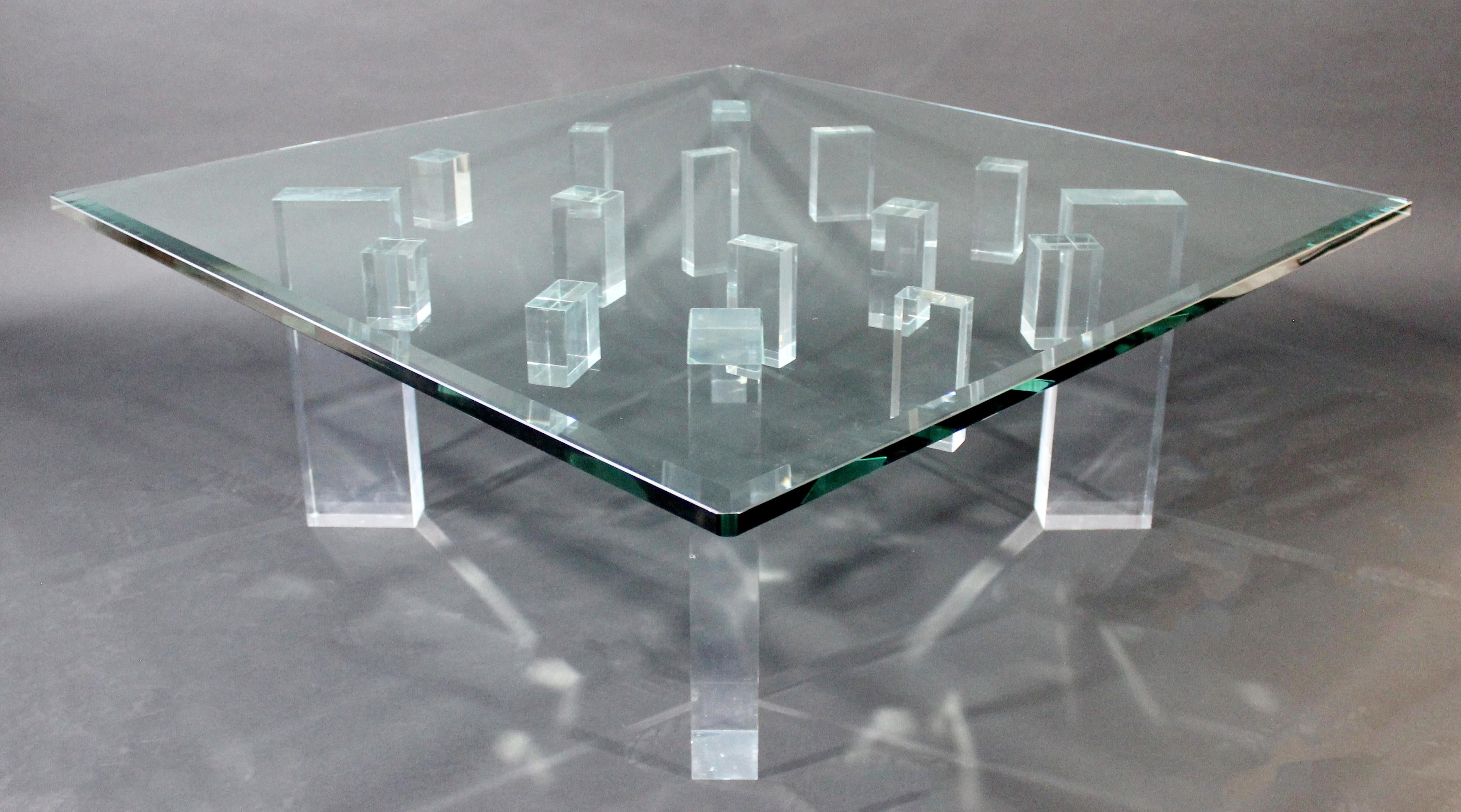 Late 20th Century Contemporary Modern Square Glass Lucite Coffee Table 1980s Hollis Jones Era
