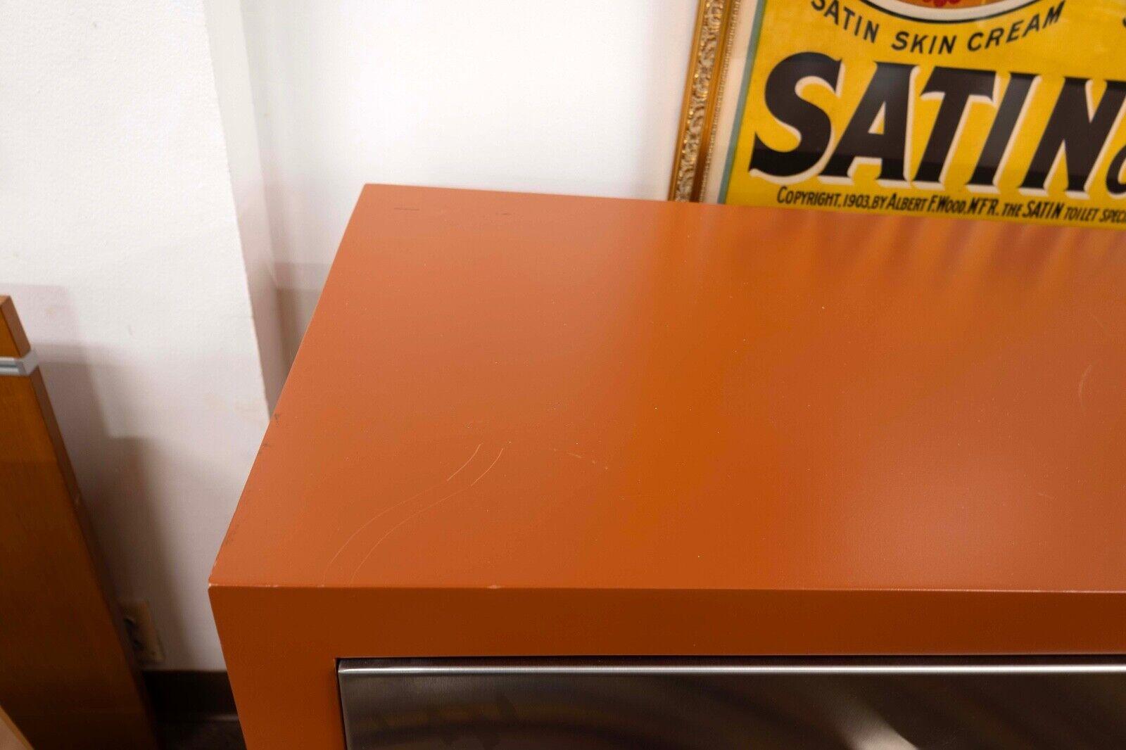 Contemporary Modern Stainless Steel and Orange Lacquer 2 Drawer Cabinet Dresser For Sale 1