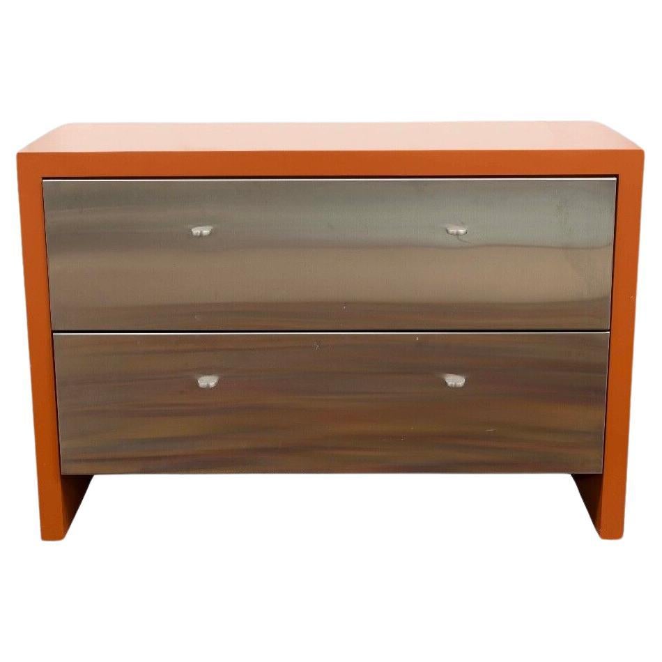 Contemporary Modern Stainless Steel and Orange Lacquer 2 Drawer Cabinet Dresser For Sale