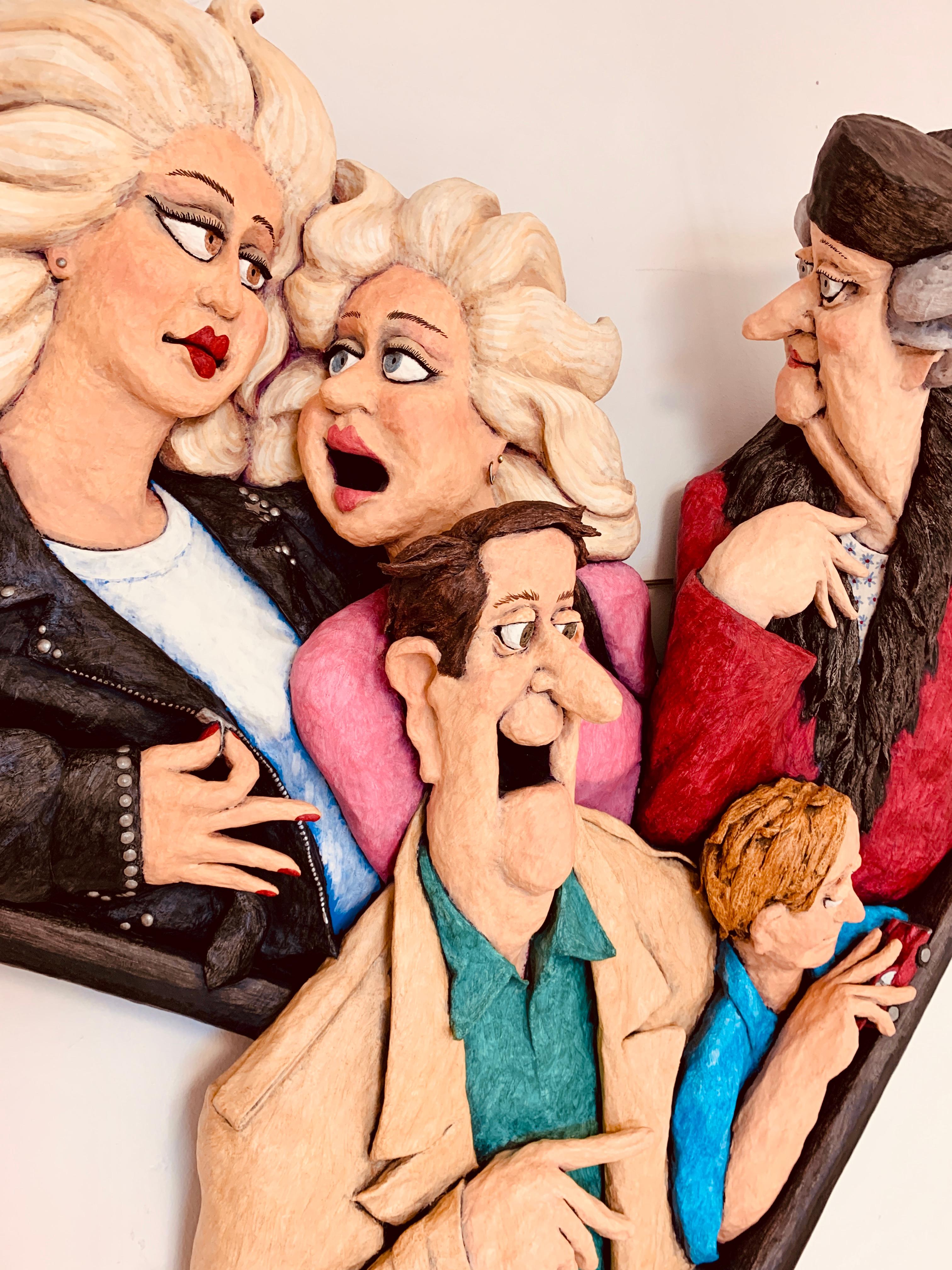 For your consideration is an amusing and humorous papier sculpture depicting a group of interesting characters by artist Stephen Hansen. Dimensions: 43w x 34.5d x 5.5d. In excellent condition. A Seattle native, Stephen Hansen moved to New Mexico in