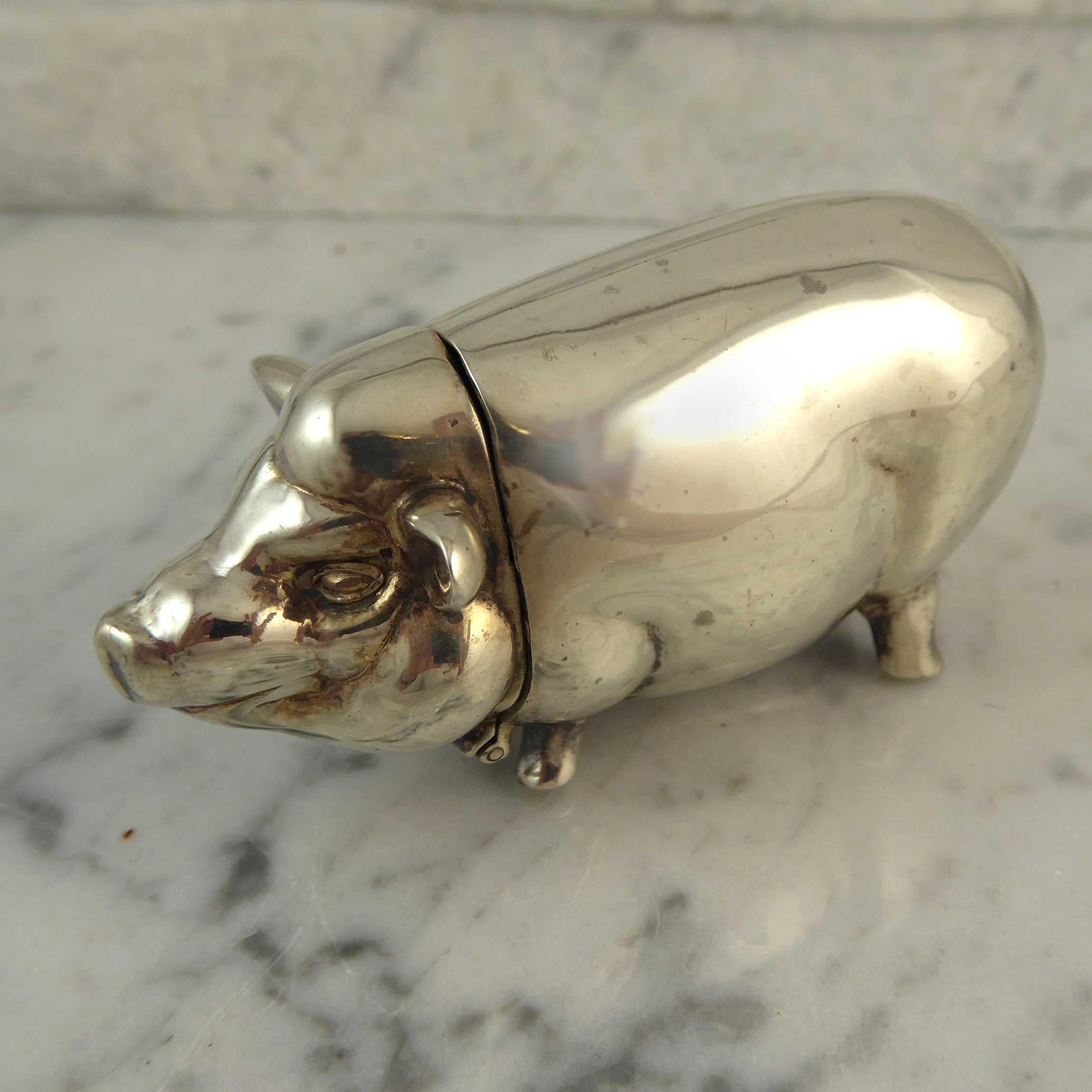 Victorian Contemporary Modern Sterling Silver Pig Vesta Case, Imported in Birmingham