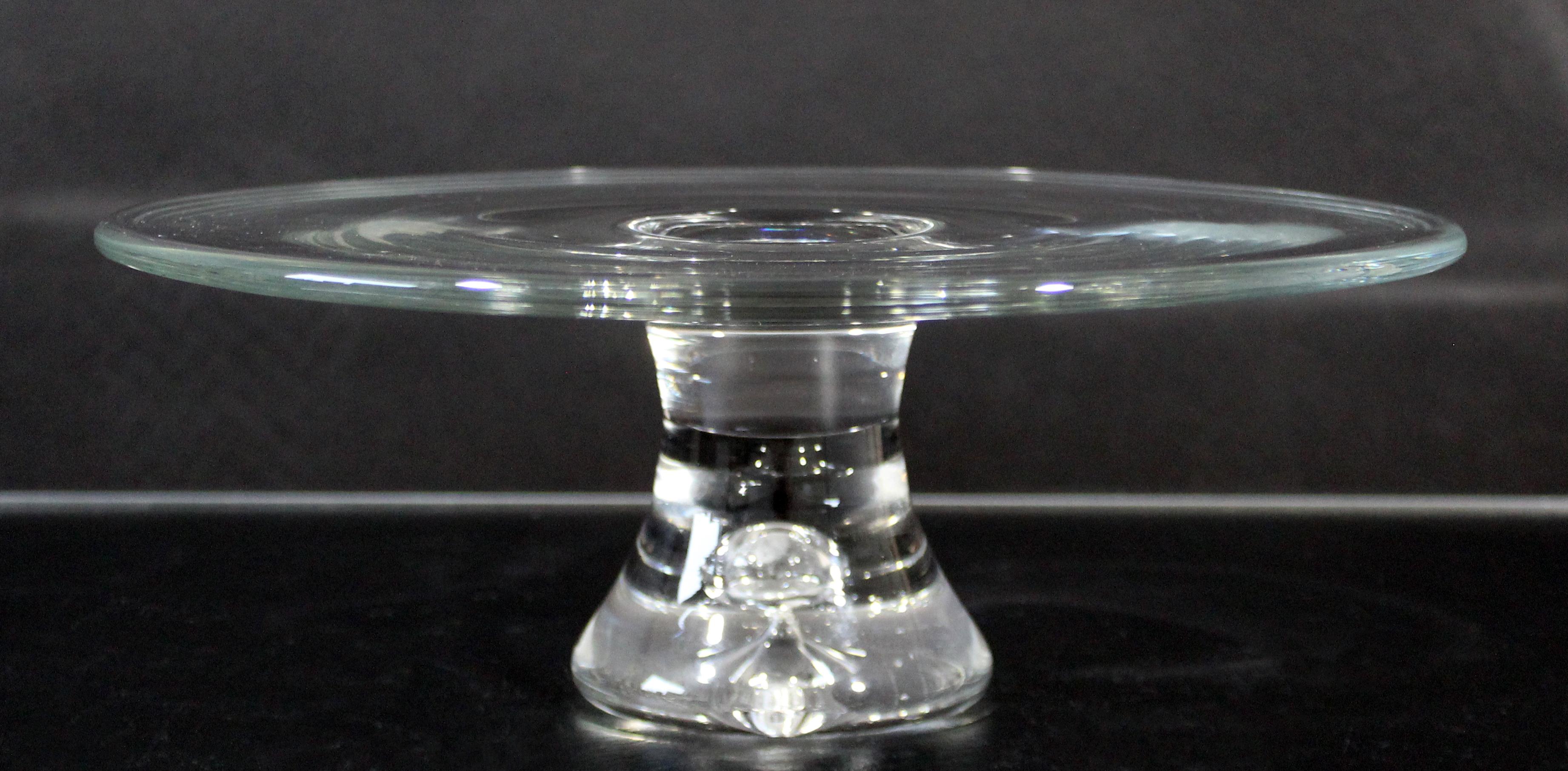 American Contemporary Modern Steuben Teardrop Crystal Clear Glass Cake Dish