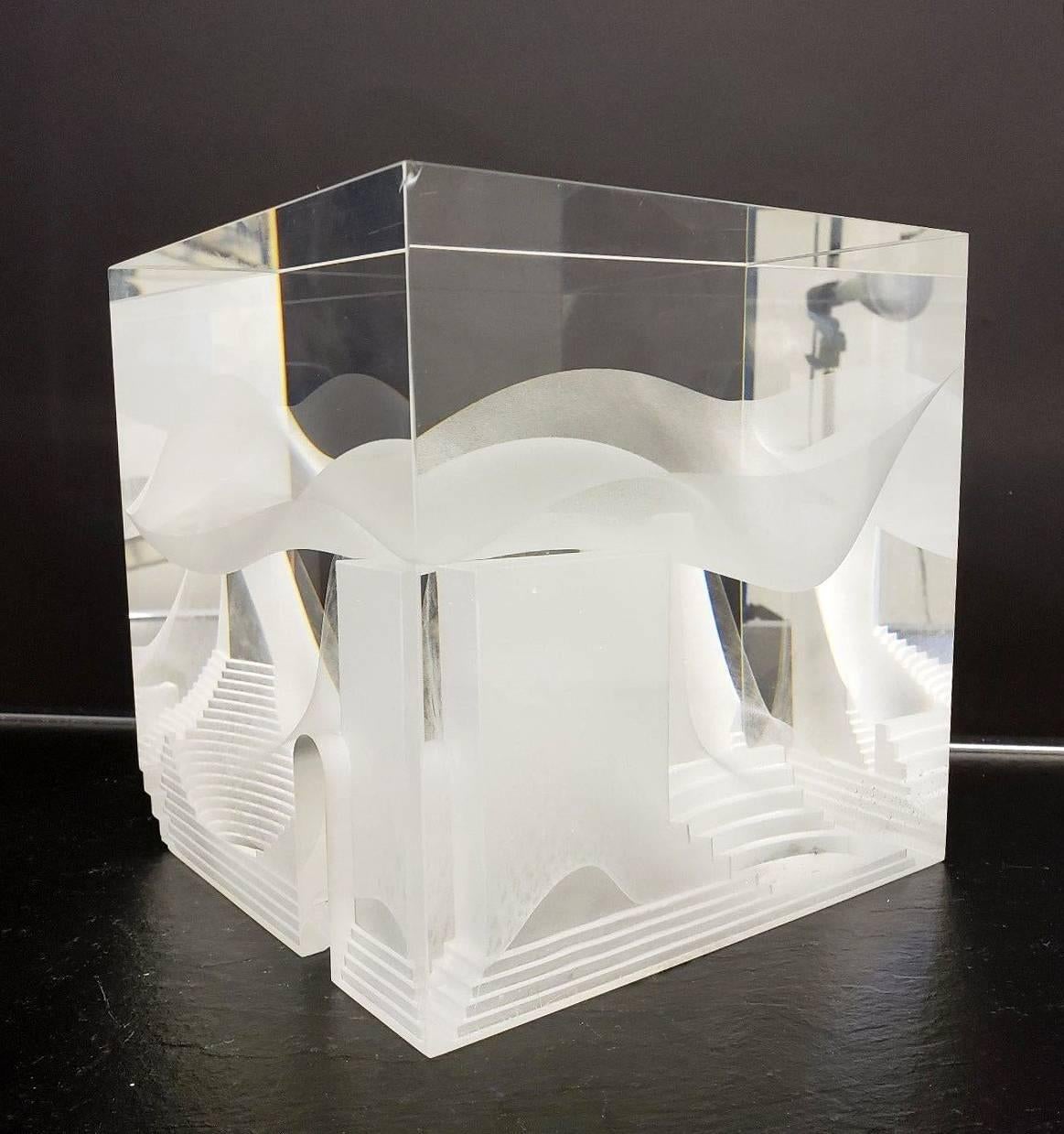 American Contemporary Modern Steven Weinberg Cast Glass Cube Sculpture