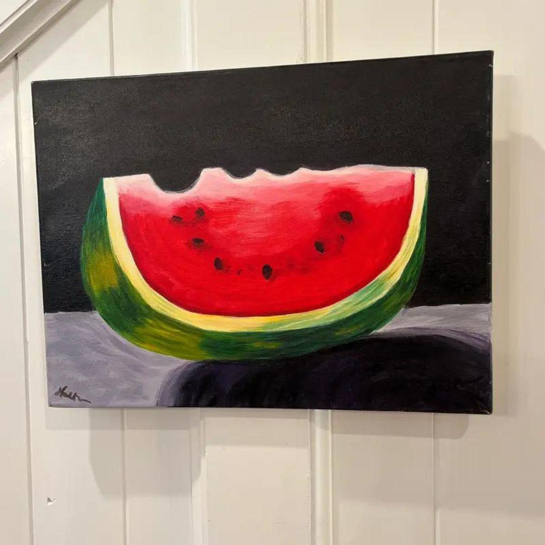 Modernes figuratives Originalgemälde einer Wassermelone Zeitgenössisches Stilleben, vom Künstler signiert.