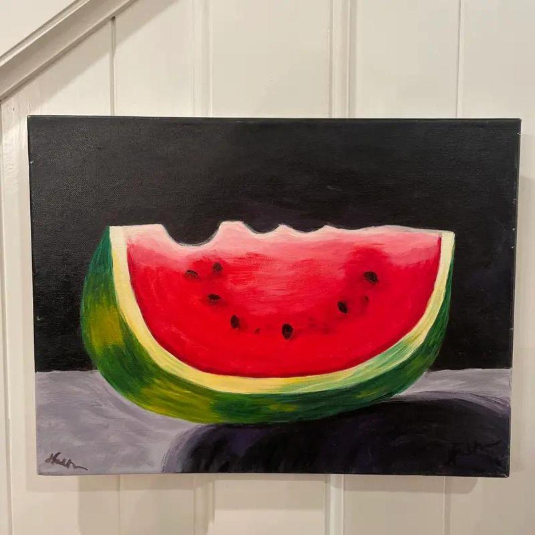 Contemporary Modern Still Life Originalgemälde einer Wassermelone (Farbe) im Angebot