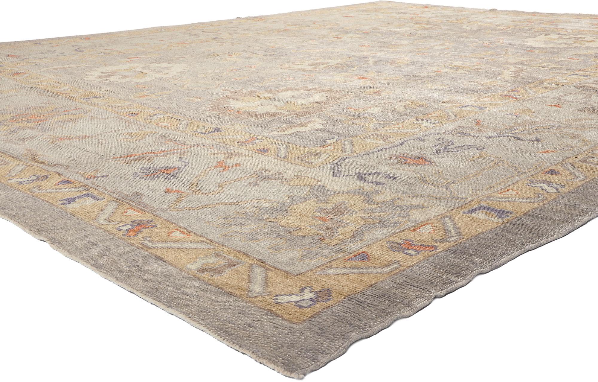 52371 Modern Oushak Turkish Rug, 11'04 x 13'10. Embark on an enchanting odyssey of contemporary elegance where each step upon this magical carpet ride is a voyage into a world awash with neutral earth-tone colors—an ode to timeless sophistication.
