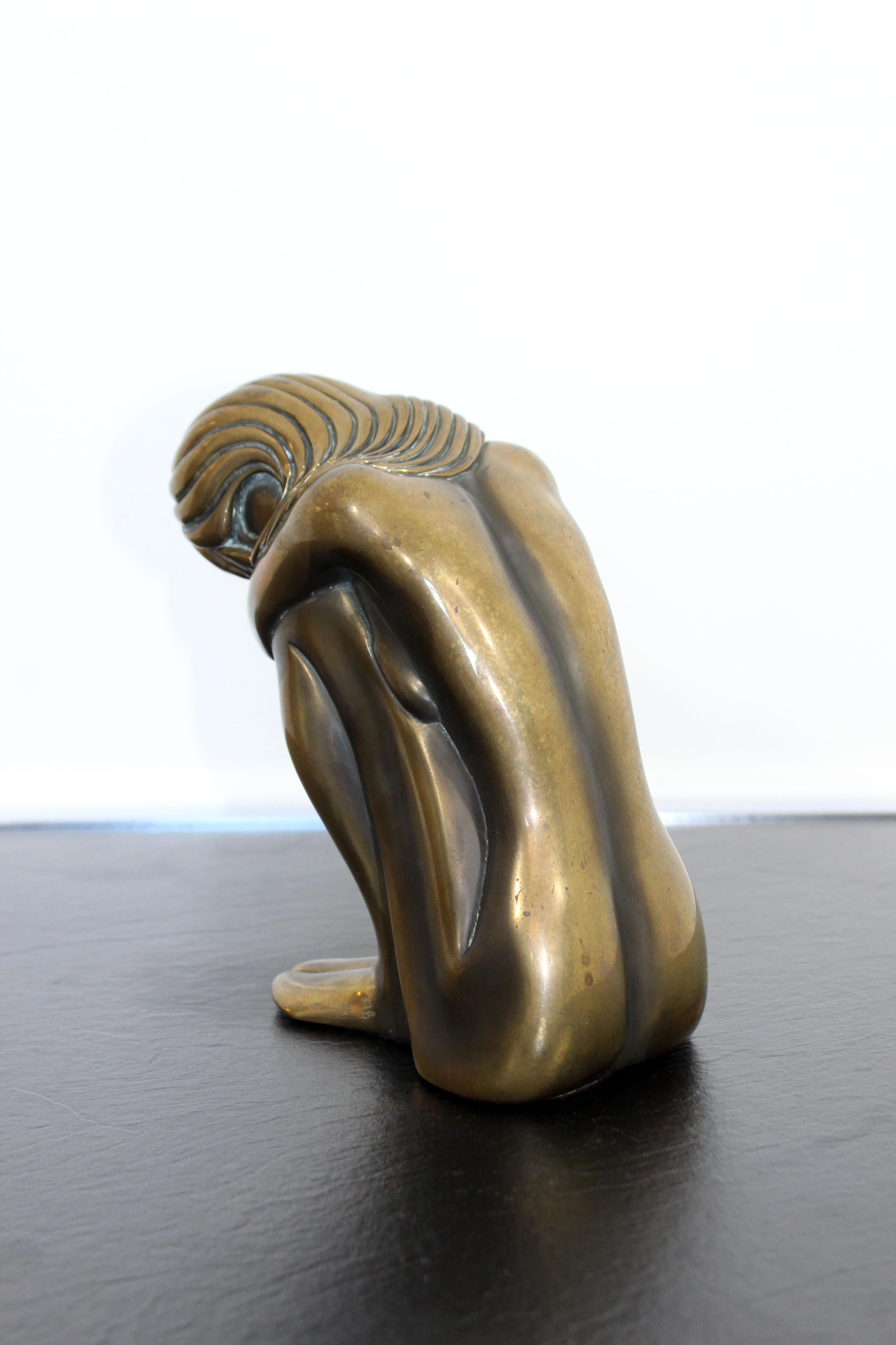 For your consideration is a moving, bronze art table sculpture of a nude woman, entitled 