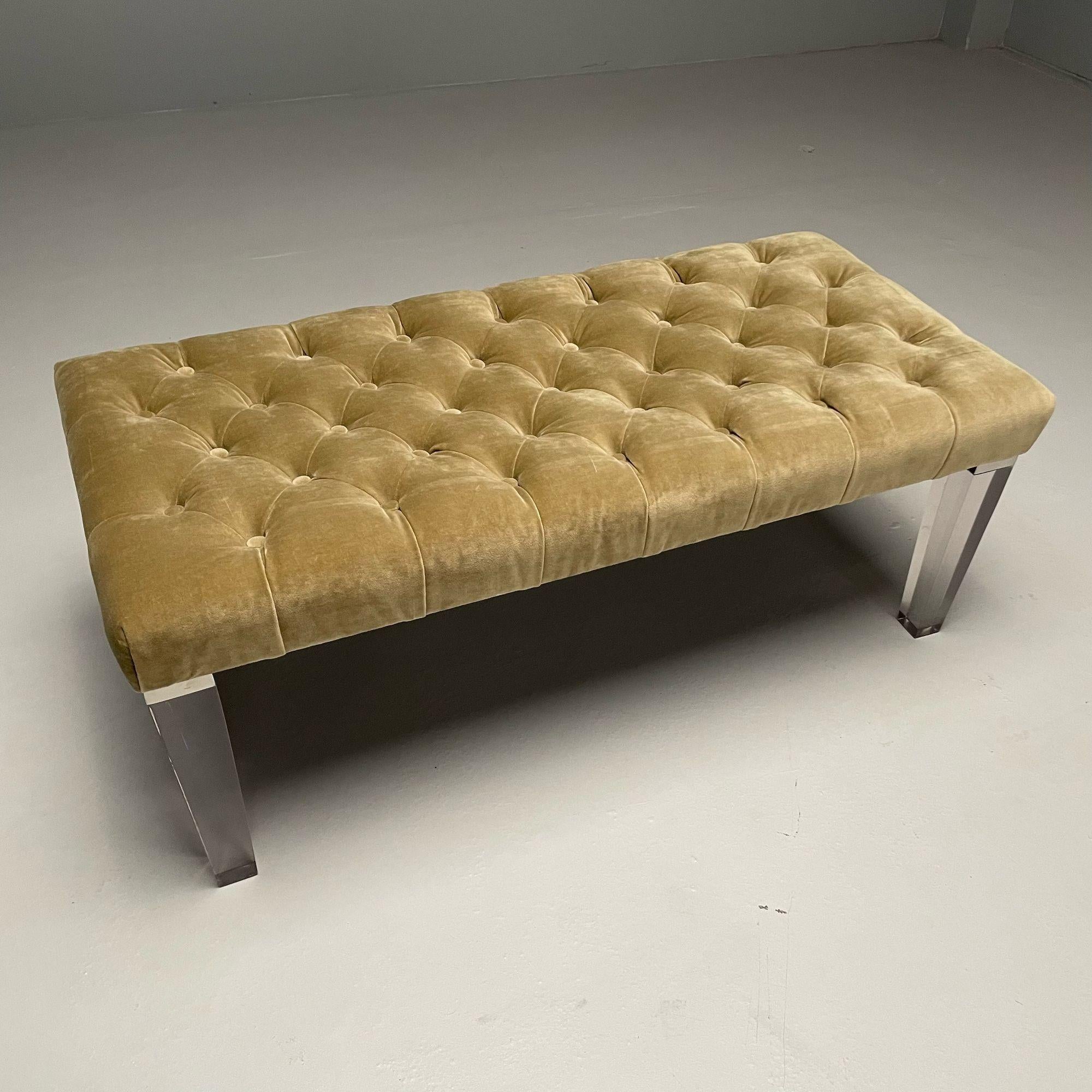 American Contemporary, Modern Tufted Window Bench, Chrome, Acrylic, Green Velvet, 2010s For Sale