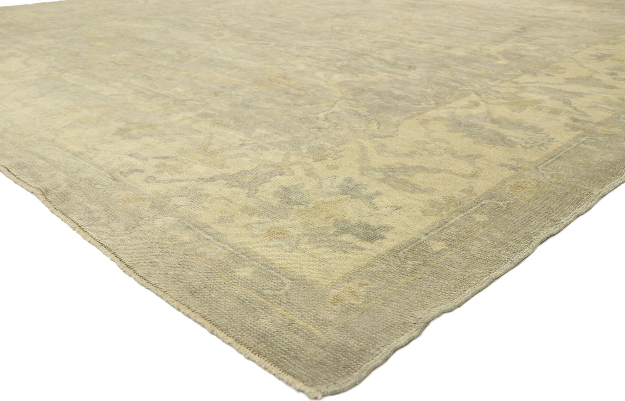 51858 New Contemporary Turkish Oushak rug with Transitional Style 10'10 x 12'08. Polished and playful, this hand-knotted wool contemporary Turkish Oushak rug beautifully embodies a modern style. The abrashed gray field features a colorful array of