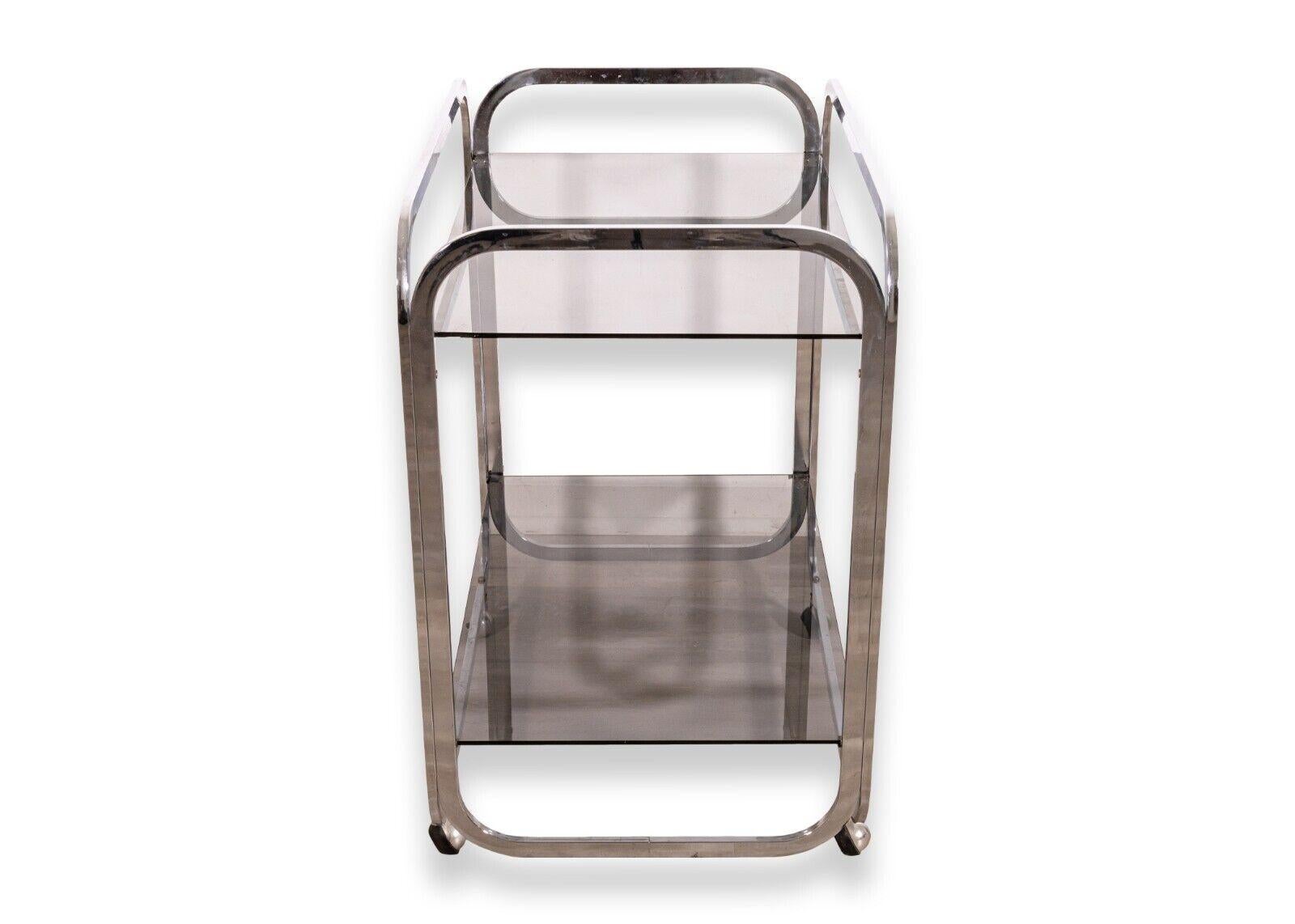 Contemporary Modern Two Tier Smoked Glass and Chrome Rolling Bar Cart In Good Condition In Keego Harbor, MI