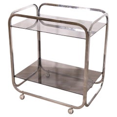 Contemporary Modern Two Tier Smoked Glass and Chrome Rolling Bar Cart
