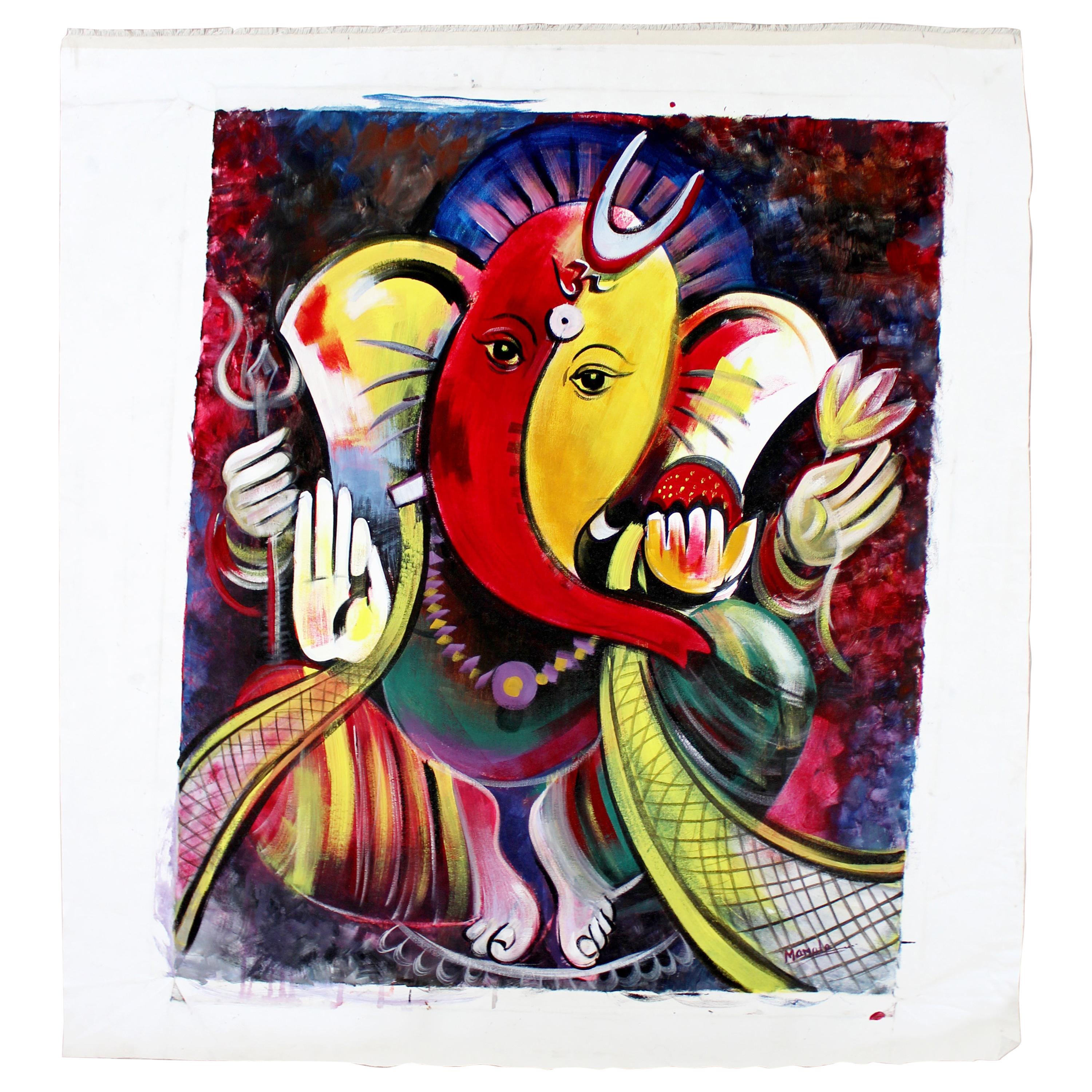 Contemporary Modern Unframed Oil on Canvas Painting Lord Ganesha Signed
