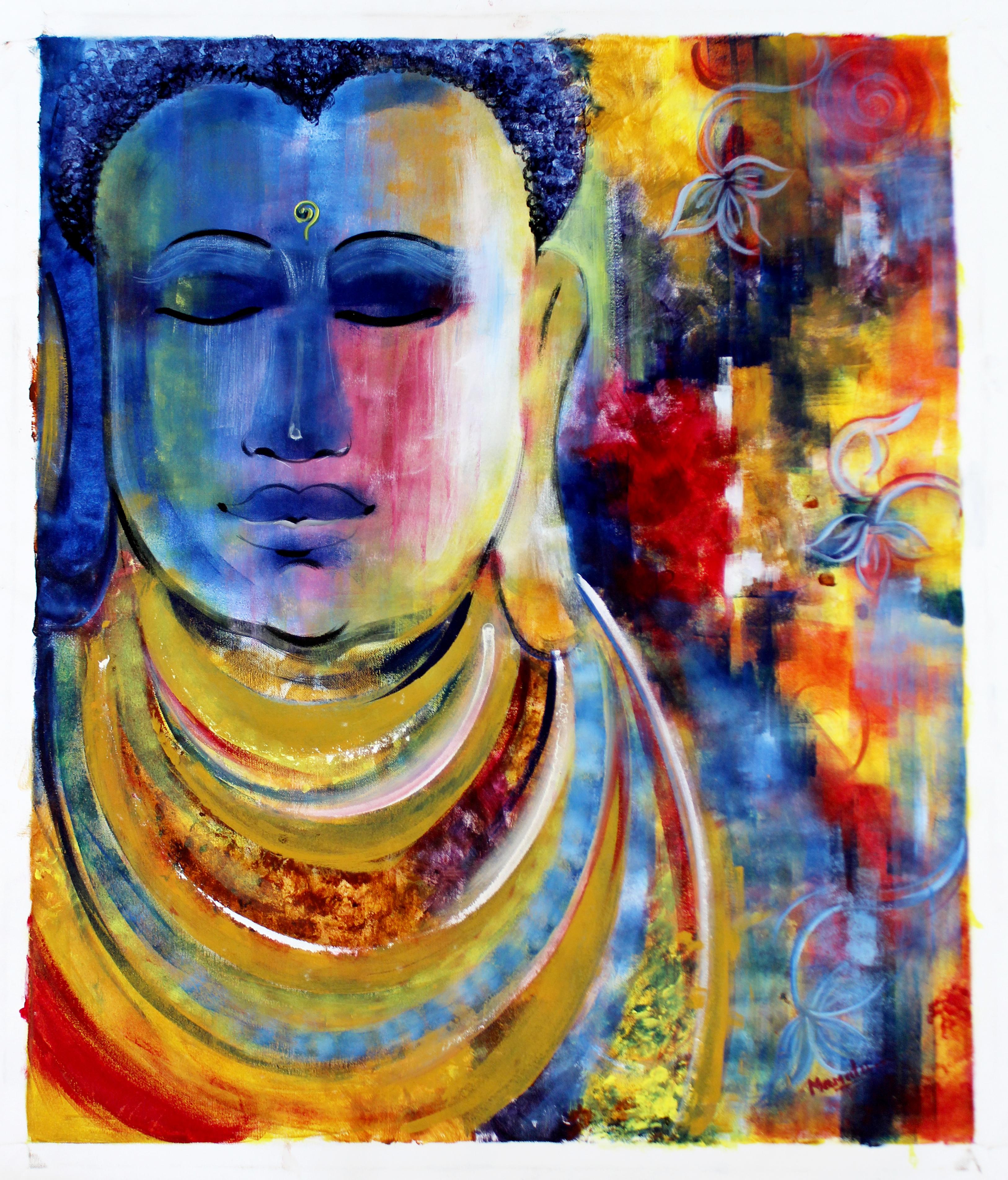 For your consideration is a captivating, unframed oil on canvas painting of Indian Mythology, Buddha, signed Mamata. In excellent condition. The dimensions are 30