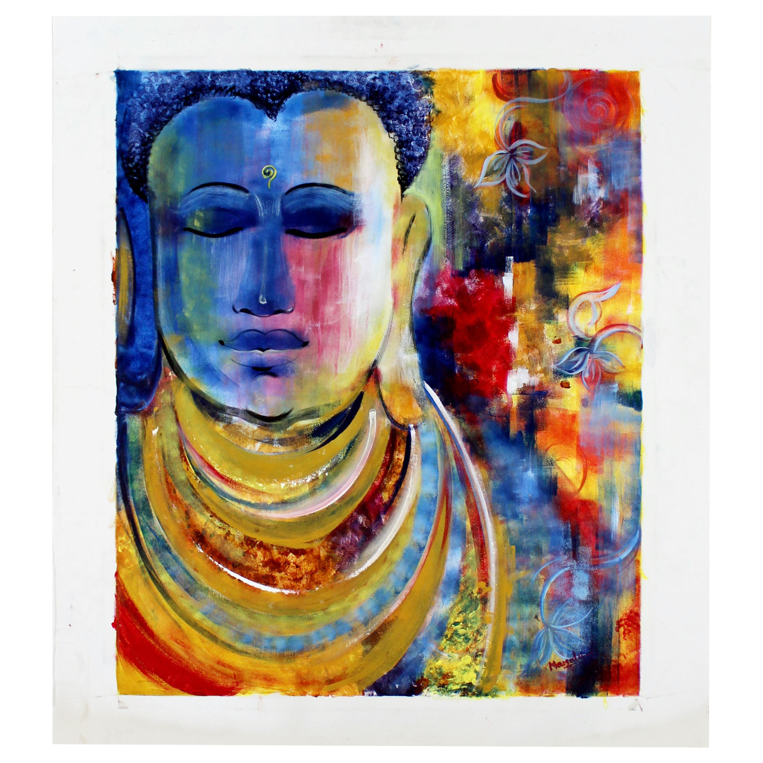 Contemporary Modern Unframed Oil on Canvas Painting of Buddha Signed Mamata