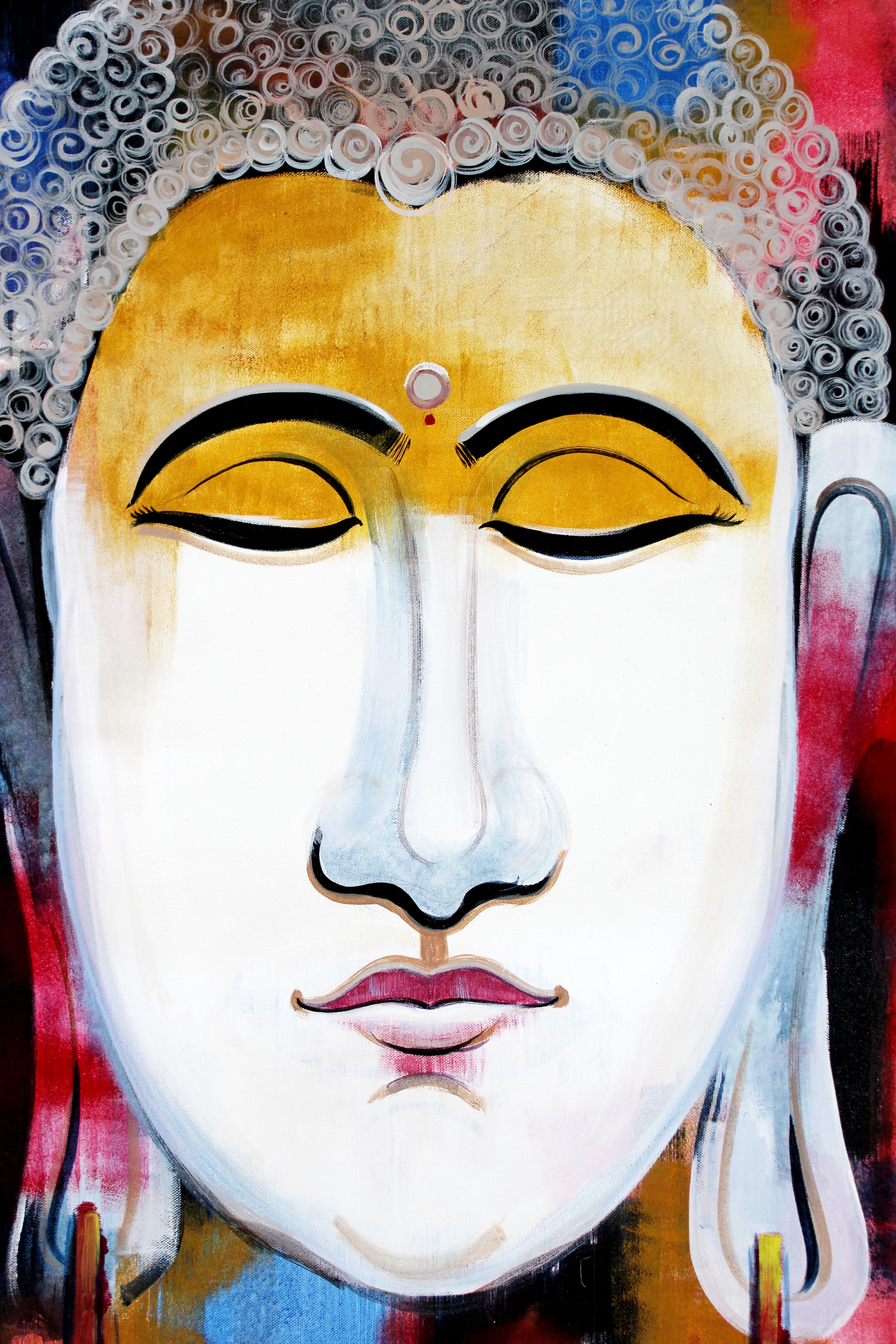 For your consideration is a captivating, unframed original oil on canvas painting of Indian Mythological character Buddha, signed Mamata. In excellent condition. The dimensions are 30