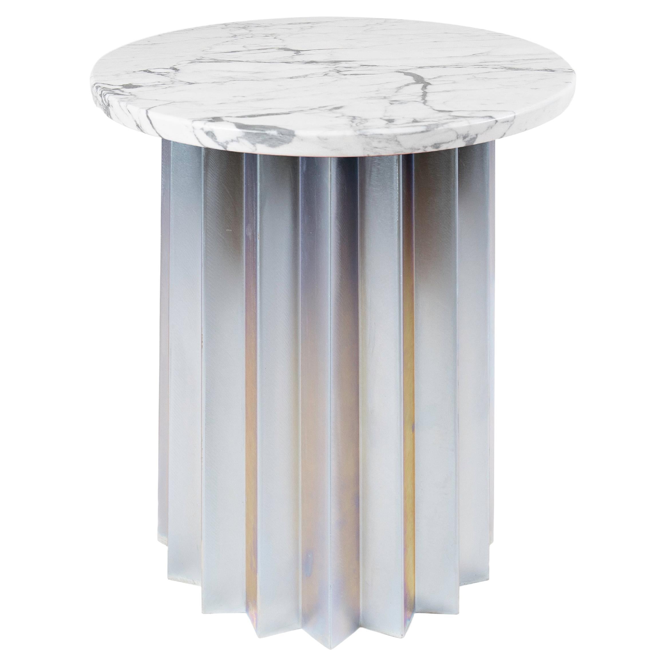 Contemporary Modern, Volume High Side Table, Galvanized Base &Carrara Marble Top