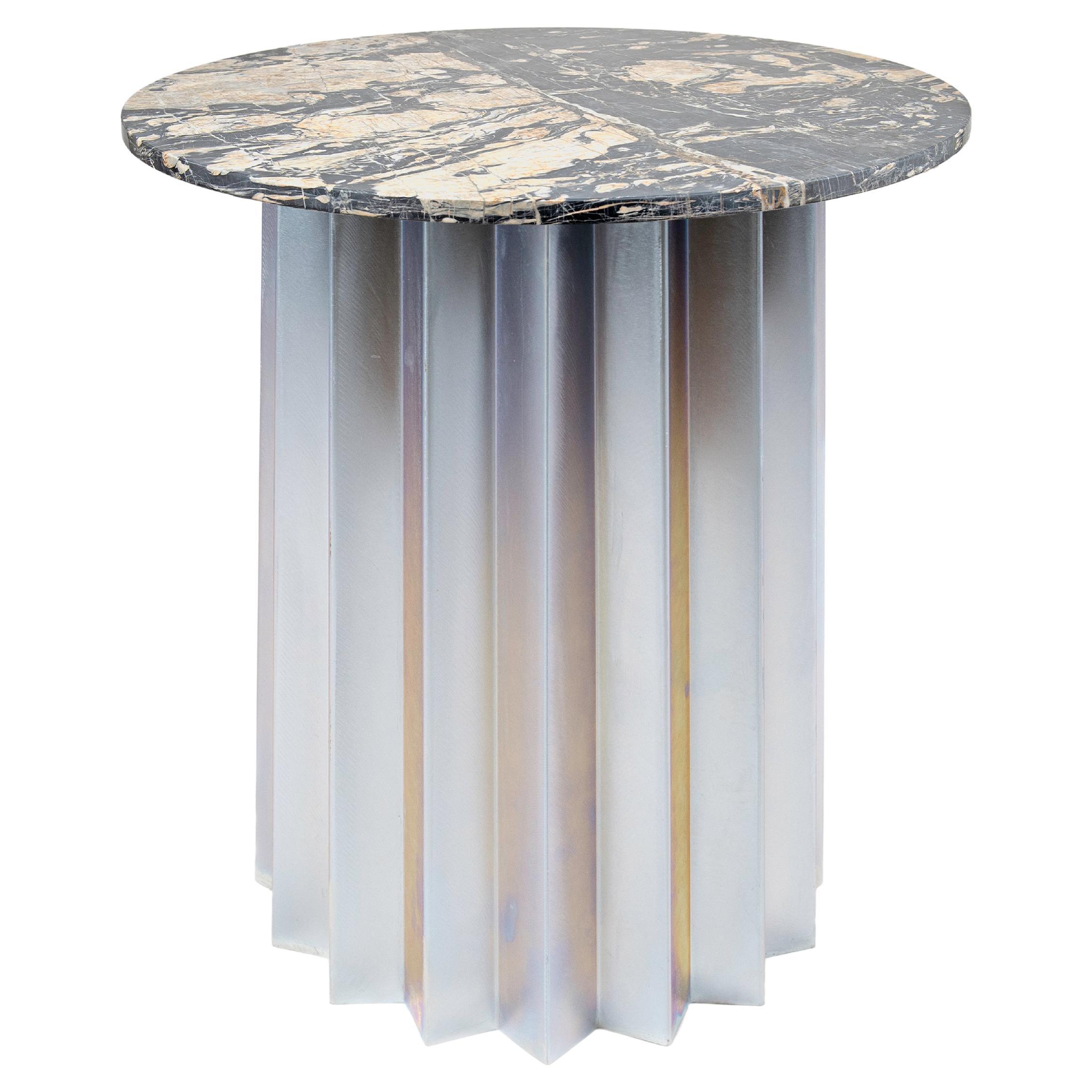 Contemporary Modern, Volume High Side Table, Galvanized Base &Picasso Marble Top