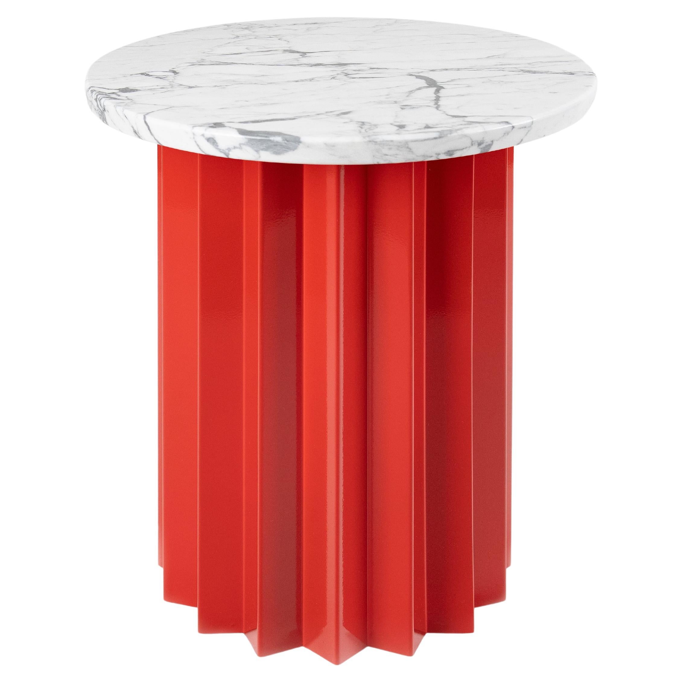 Contemporary Modern, Volume High Side Table, Metal Base & Carrara Marble Top