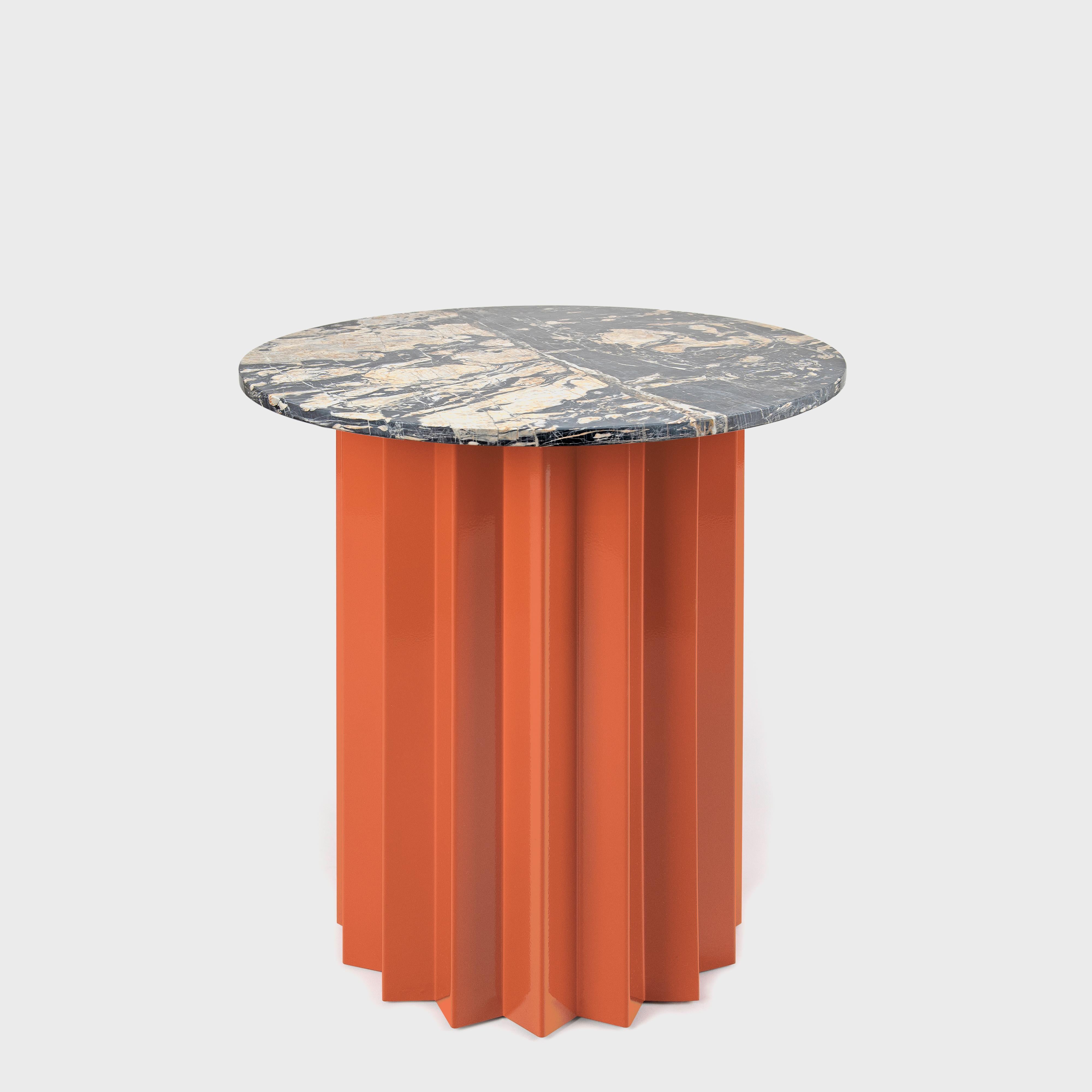 Sheet Metal Contemporary Modern, Volume High Side Table, Metal Base & Neo Picasso Marble Top For Sale
