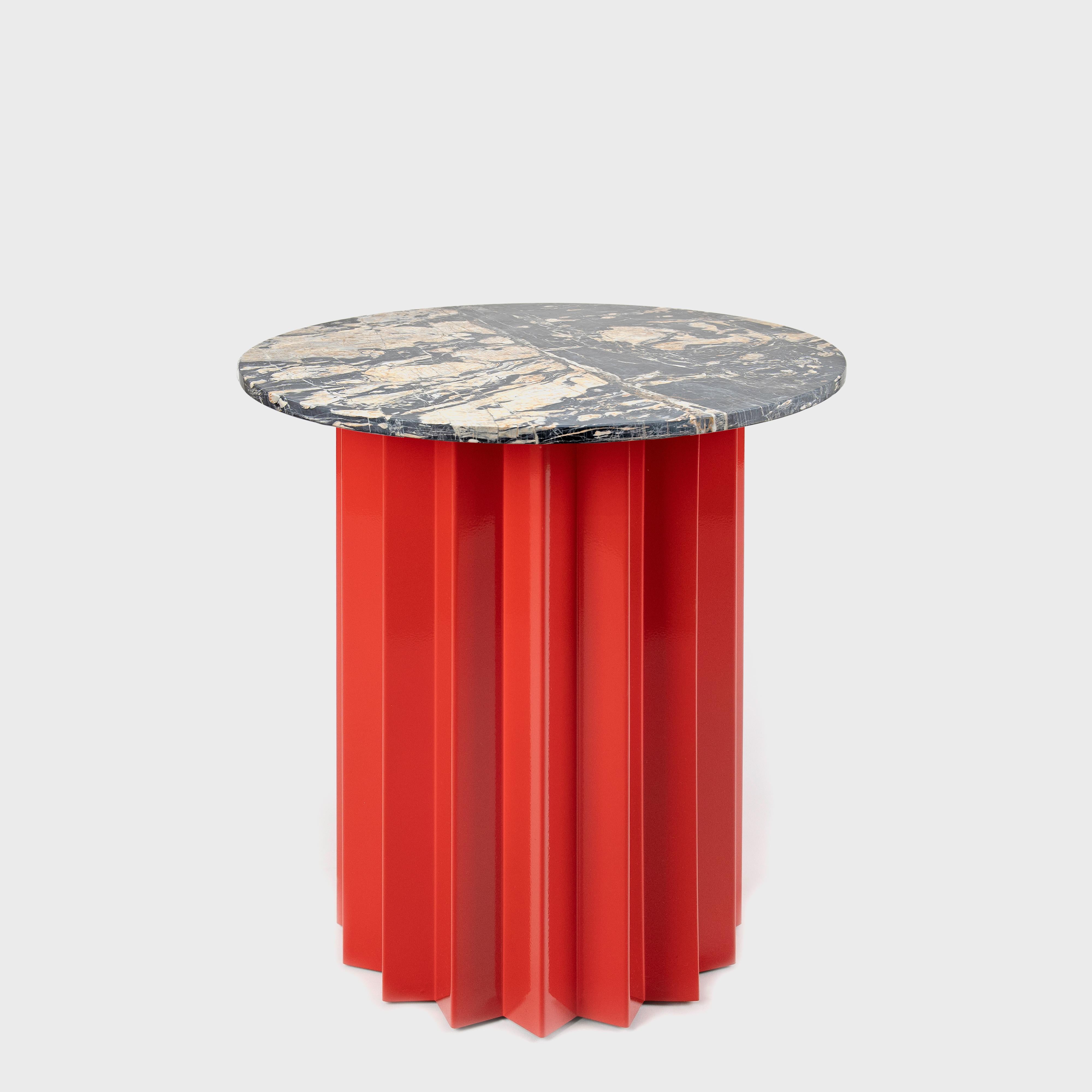 Contemporary Modern, Volume High Side Table, Metal Base & Neo Picasso Marble Top For Sale 1