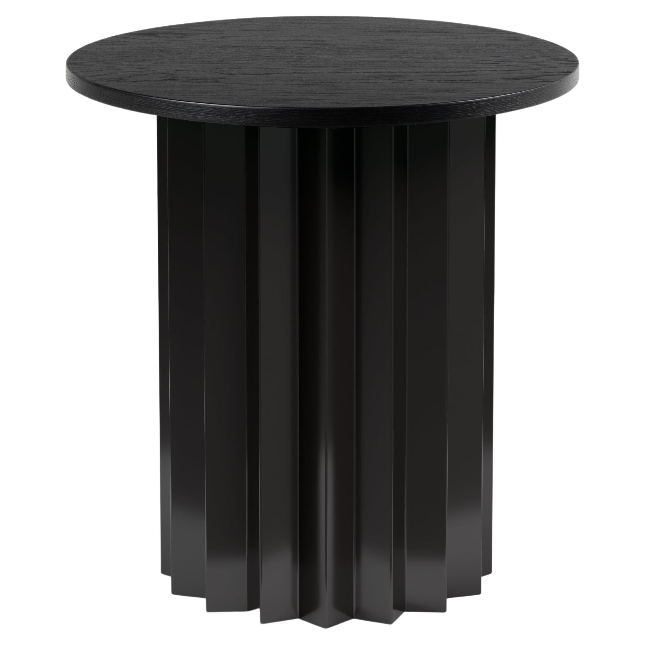 Table d'appoint haute moderne contemporaine, volume, base en métal et plateau en bois teinté