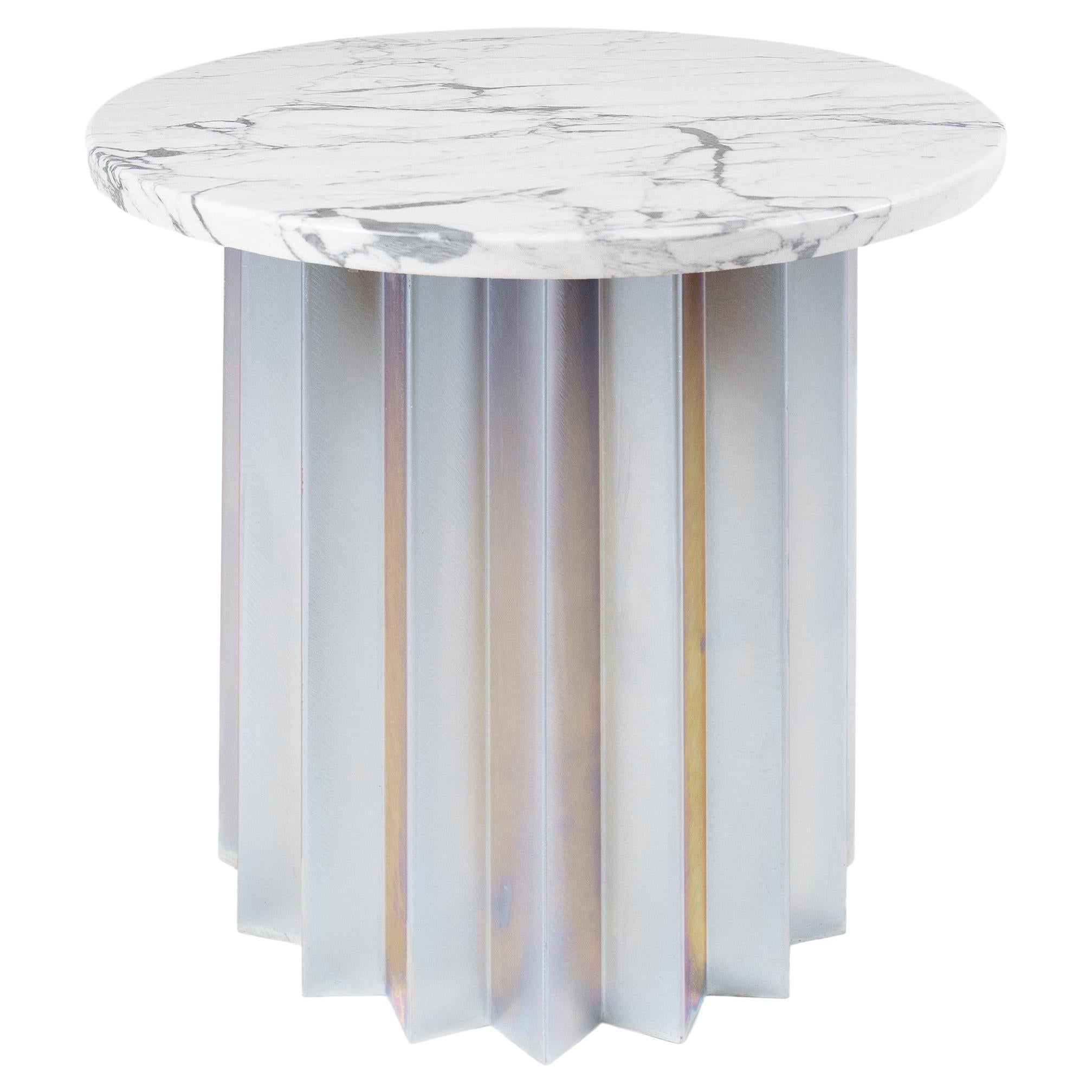 Contemporary Modern, Volume Low Side Table, Galvanized Base & Carrara Marble Top