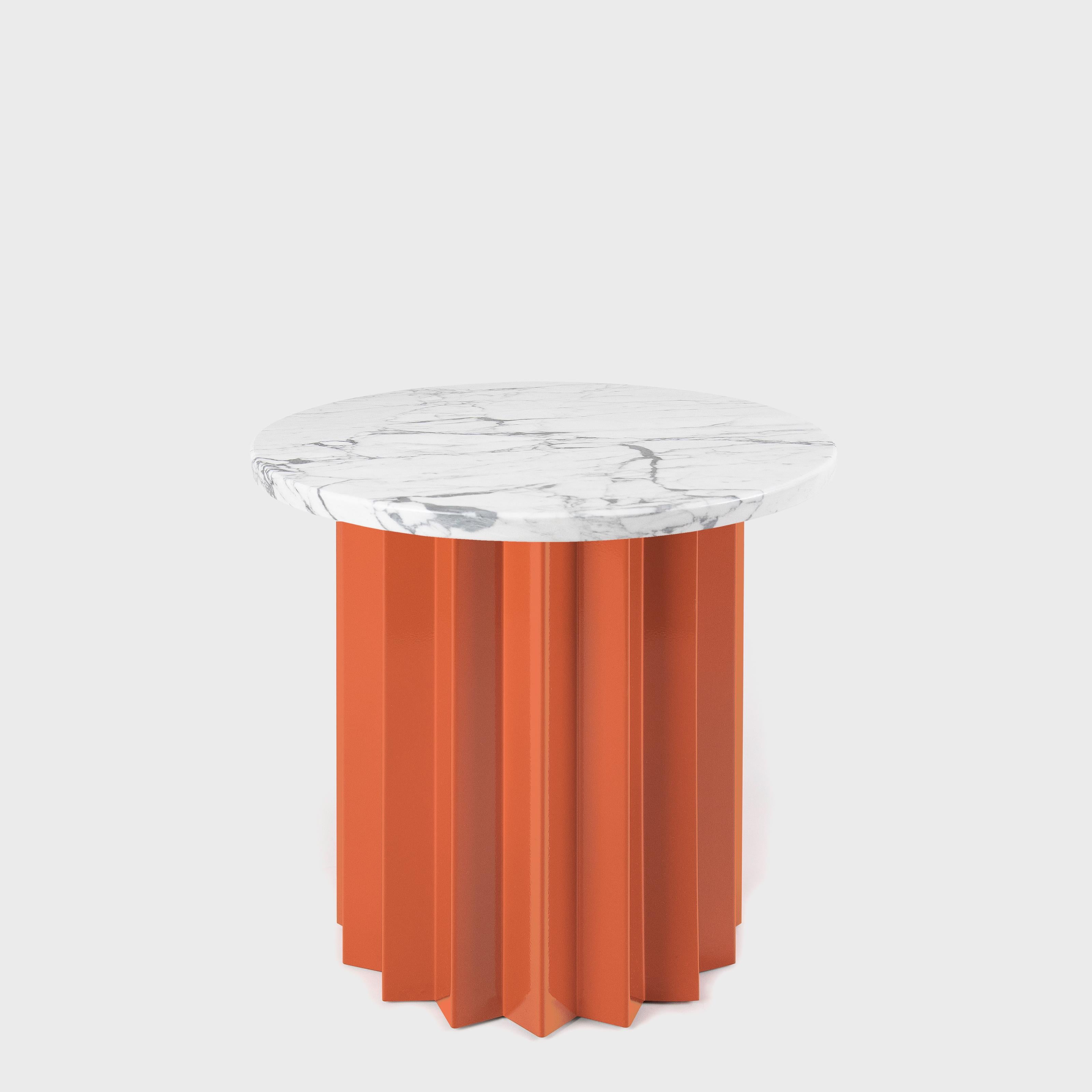Metalwork Contemporary Modern, Volume Low Side Table, Metal Base & Carrara Marble Top For Sale
