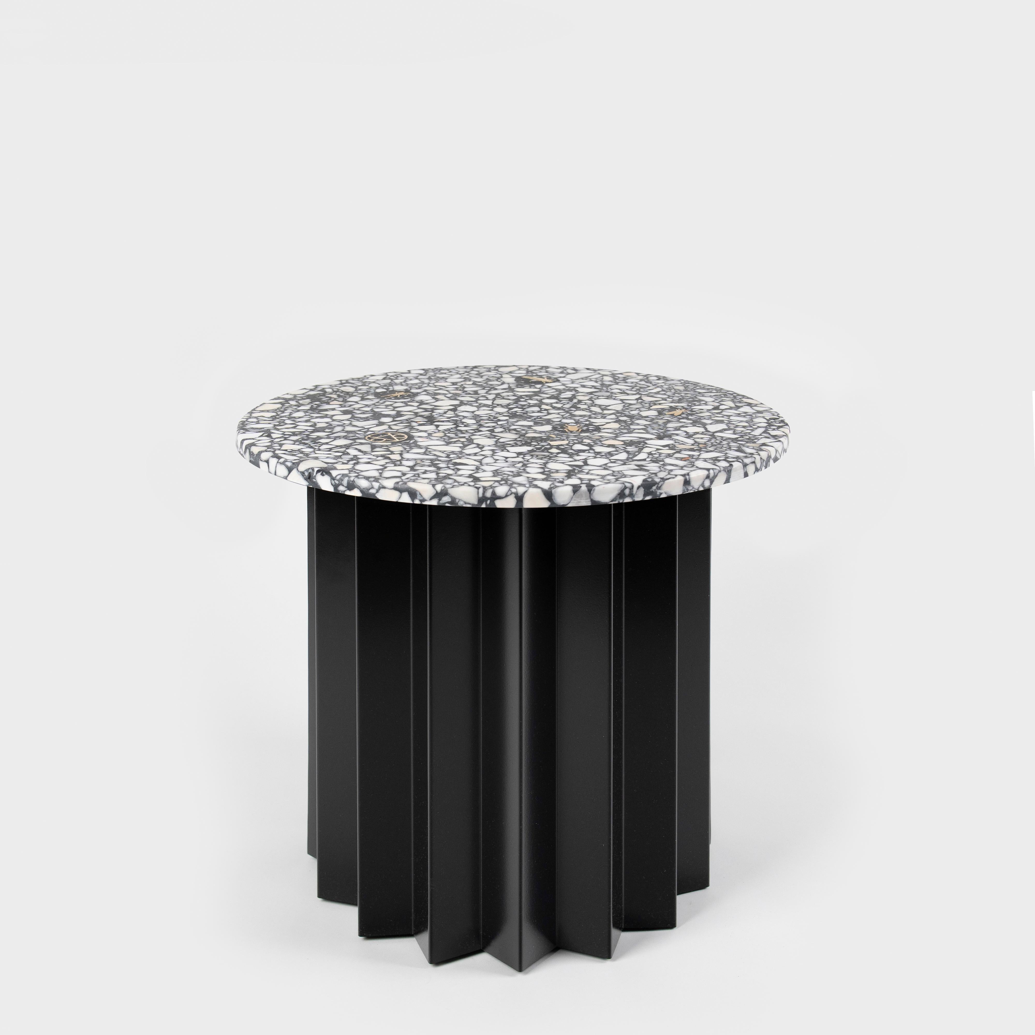 Brass Contemporary Modern, Volume Low Side Table, Metal Base & Dusk Terrazzo Top