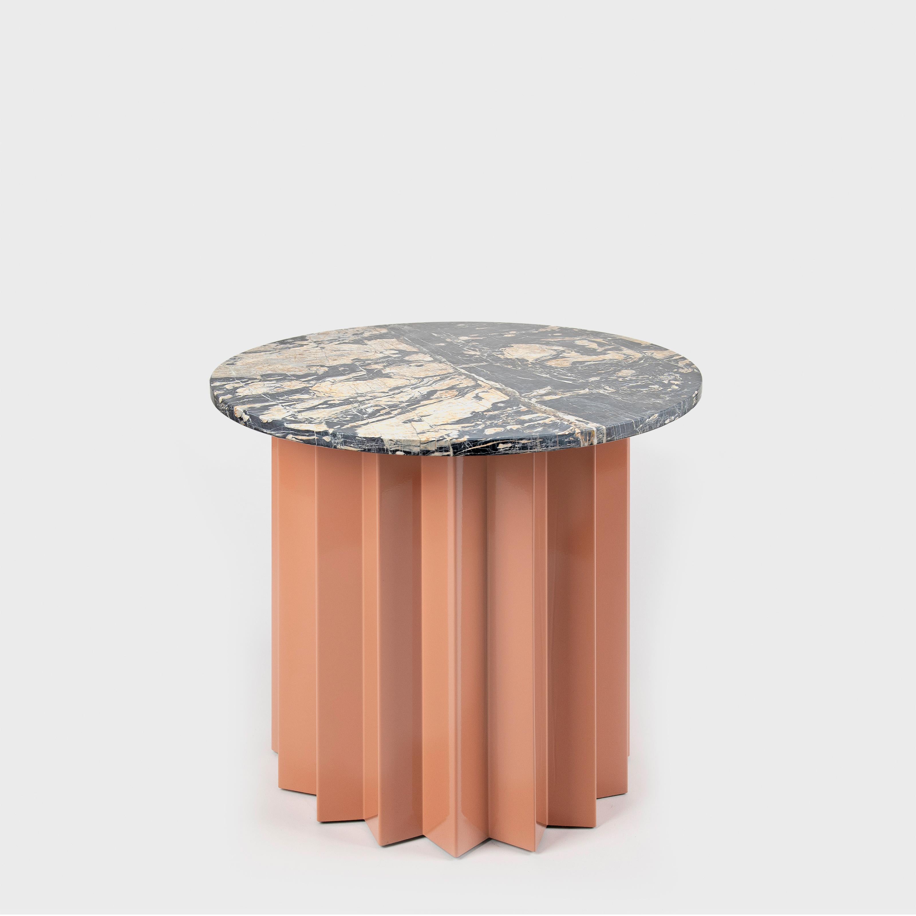 Sheet Metal Contemporary Modern, Volume Low Side Table, Metal Base & Neo Picasso Marble Top For Sale