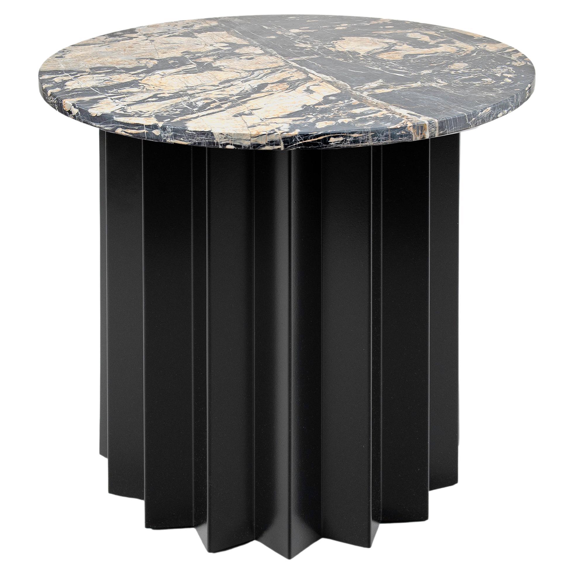 Contemporary Modern, Volume Low Side Table, Metal Base & Neo Picasso Marble Top