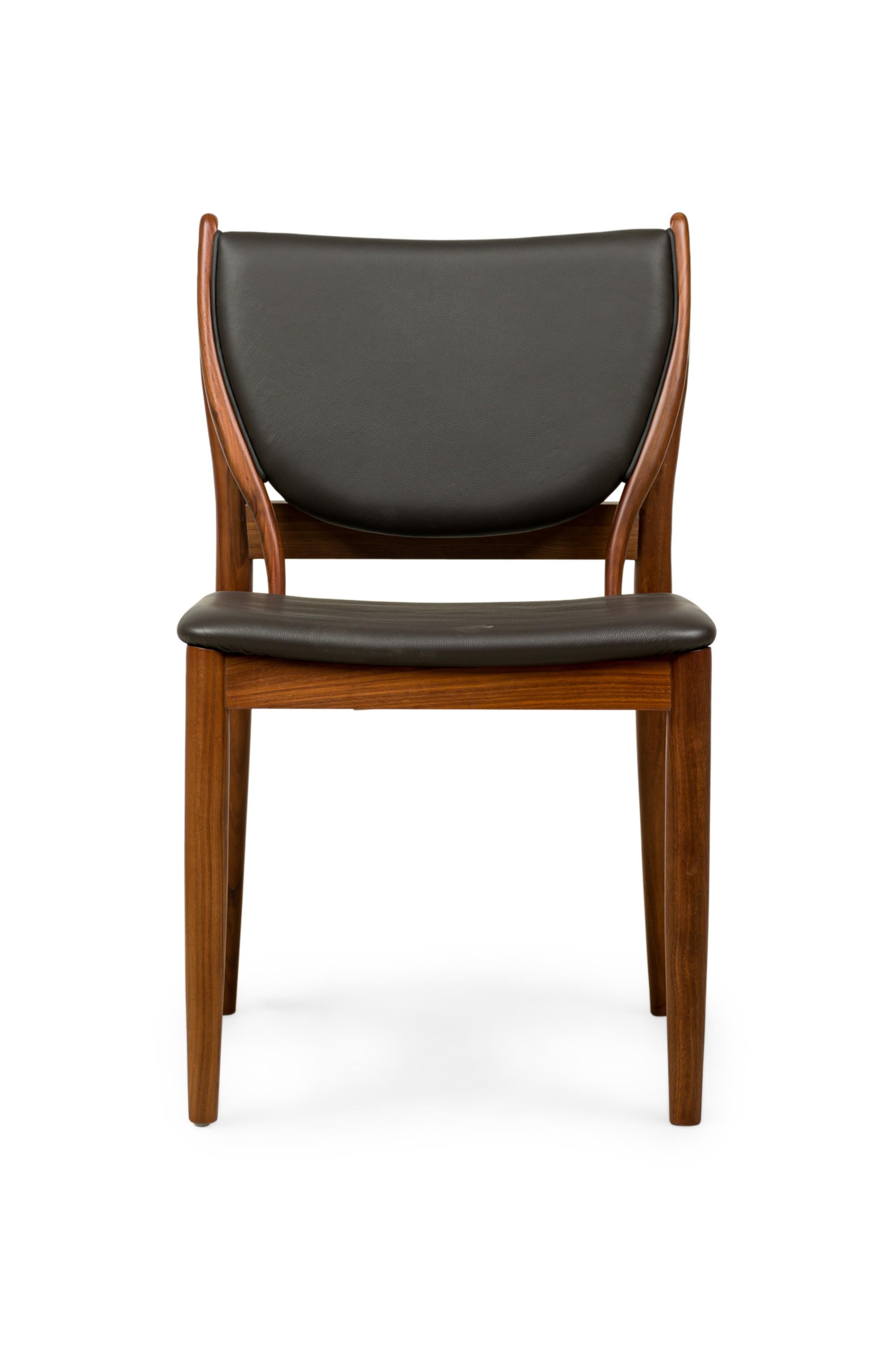 Mid-Century Modern Contemporary / Modern Walnut and Dark Olive Leather Dining Side Chairs For Sale