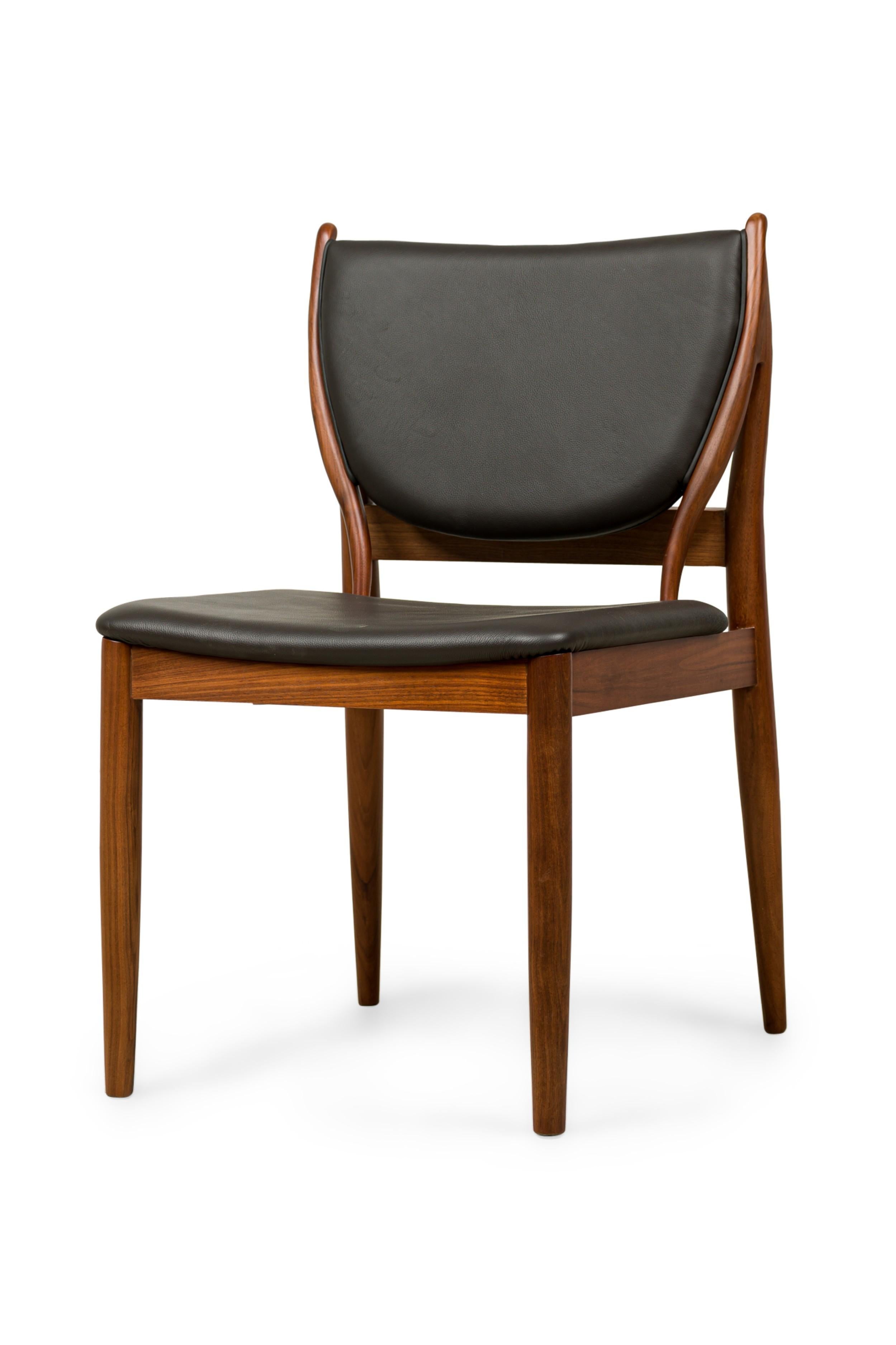 Asian Contemporary / Modern Walnut and Dark Olive Leather Dining Side Chairs For Sale