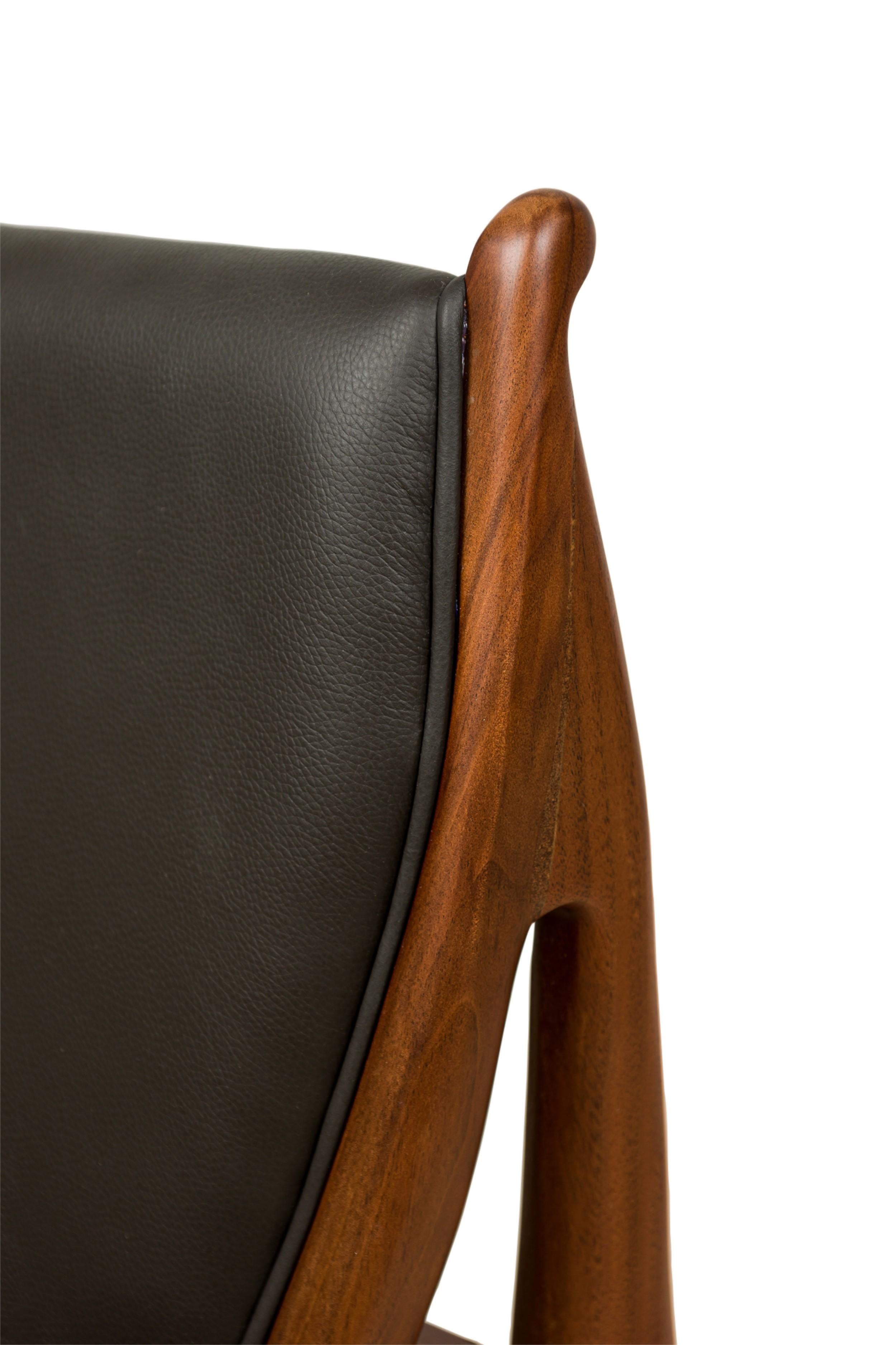 Contemporary / Modern Walnut and Dark Olive Leather Dining Side Chairs For Sale 3