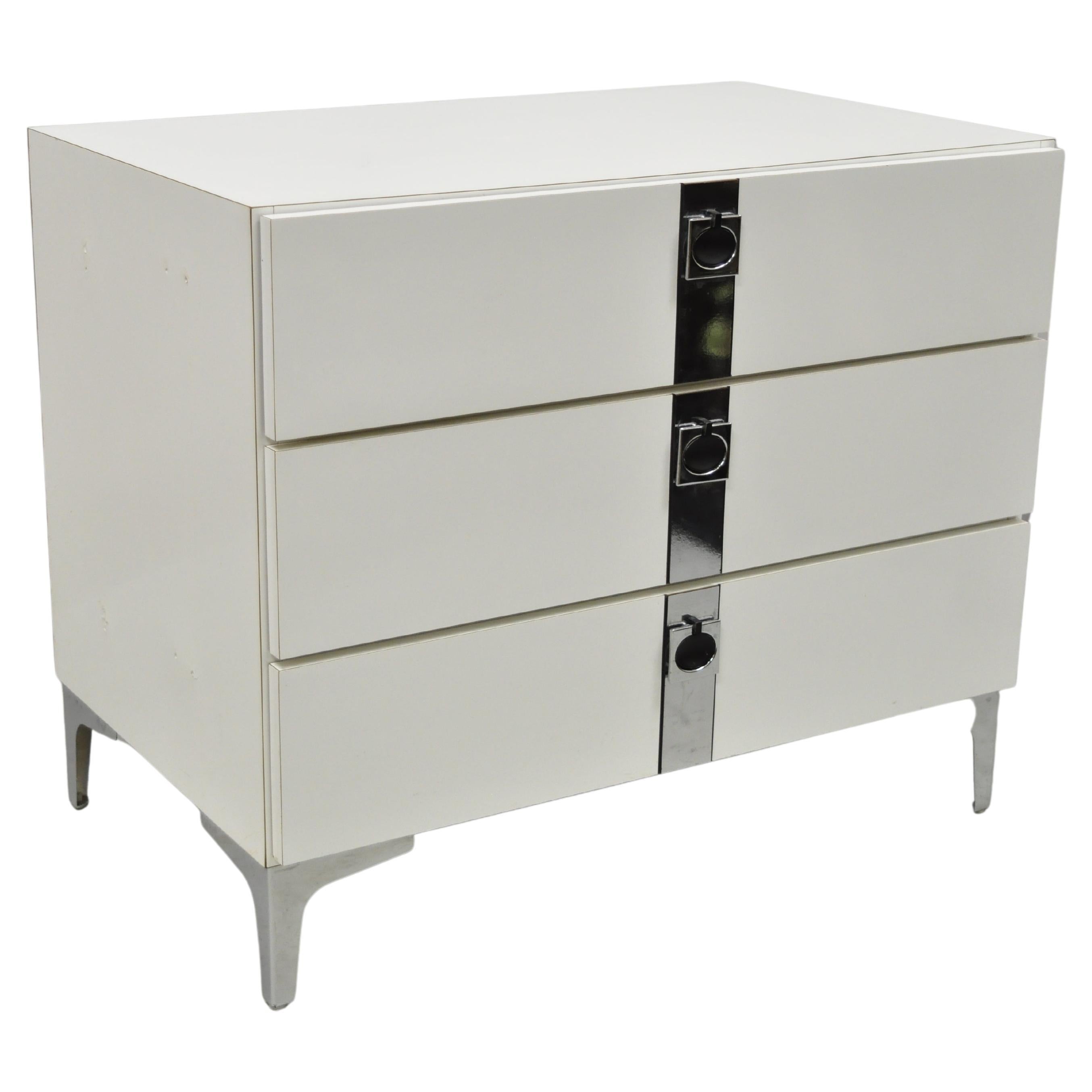 Contemporary Modern White Formica Chrome Trim 3 Drawer Chest Nightstand Table For Sale