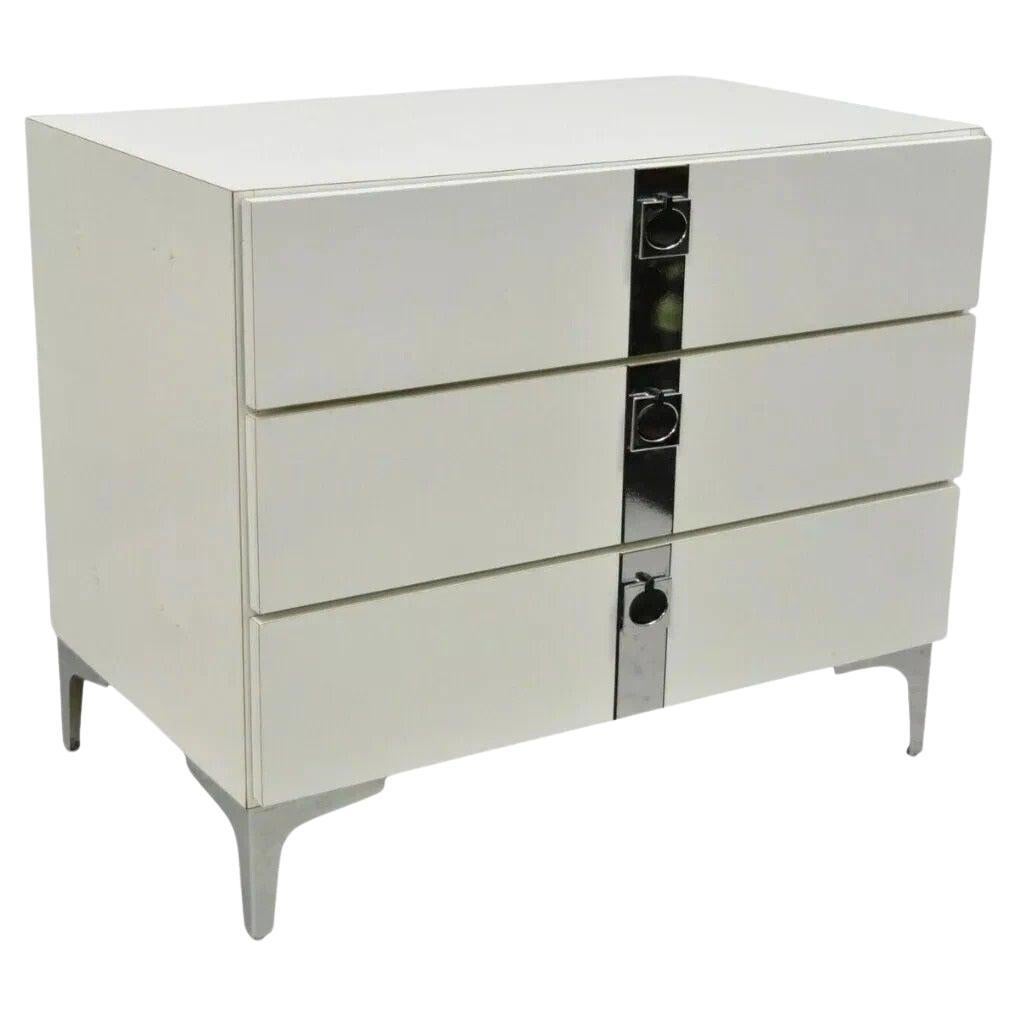 Contemporary Modern White Formica Chrome Trim 3 Drawer Chest Nightstand Table