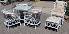 Contemporary Modern White Wicker Rattan Patio Dining Set Table Chairs Ottoman
