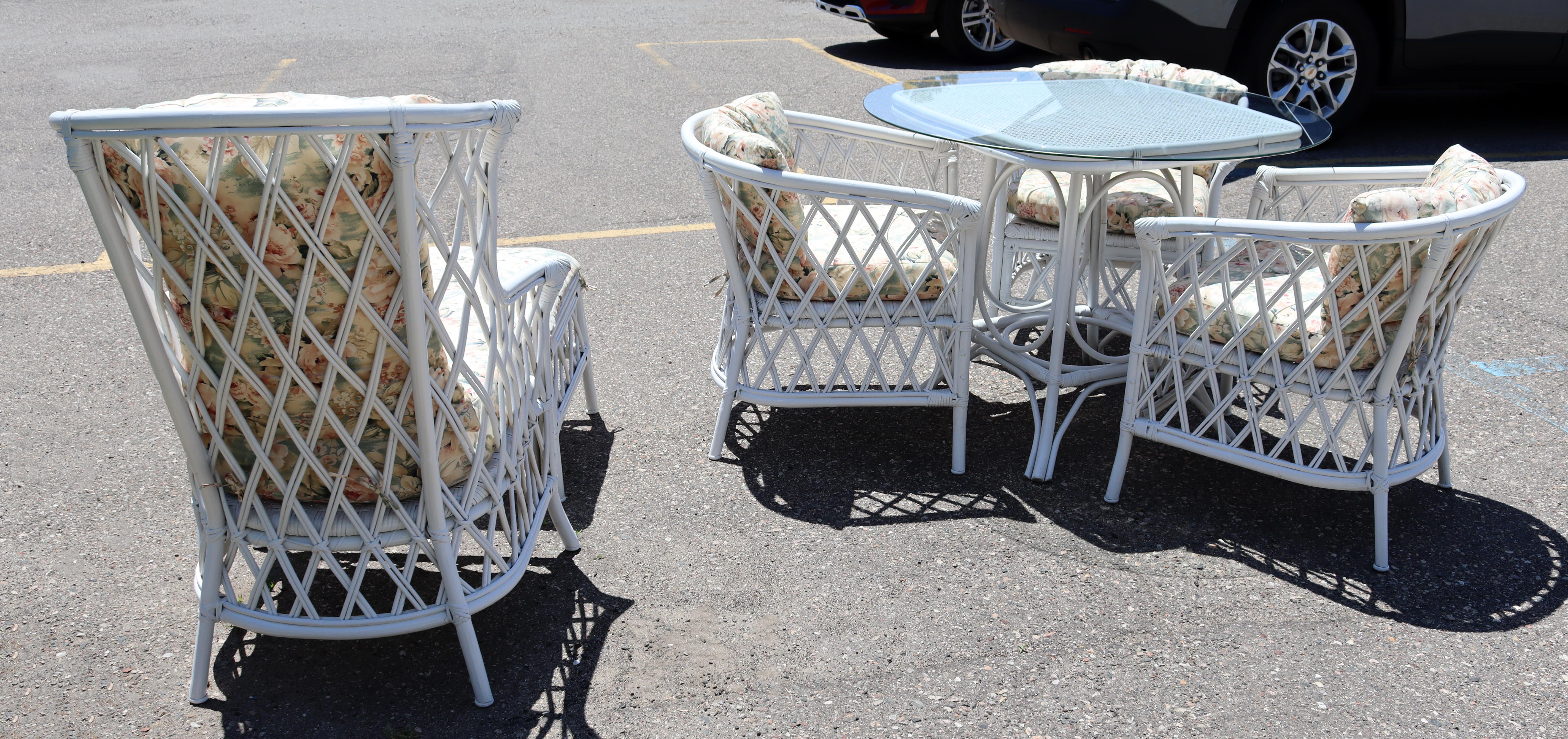 Contemporary Modern White Wicker Rattan Patio Dining Set Table Chairs Ottoman 1
