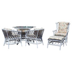 Used Contemporary Modern White Wicker Rattan Patio Dining Set Table Chairs Ottoman