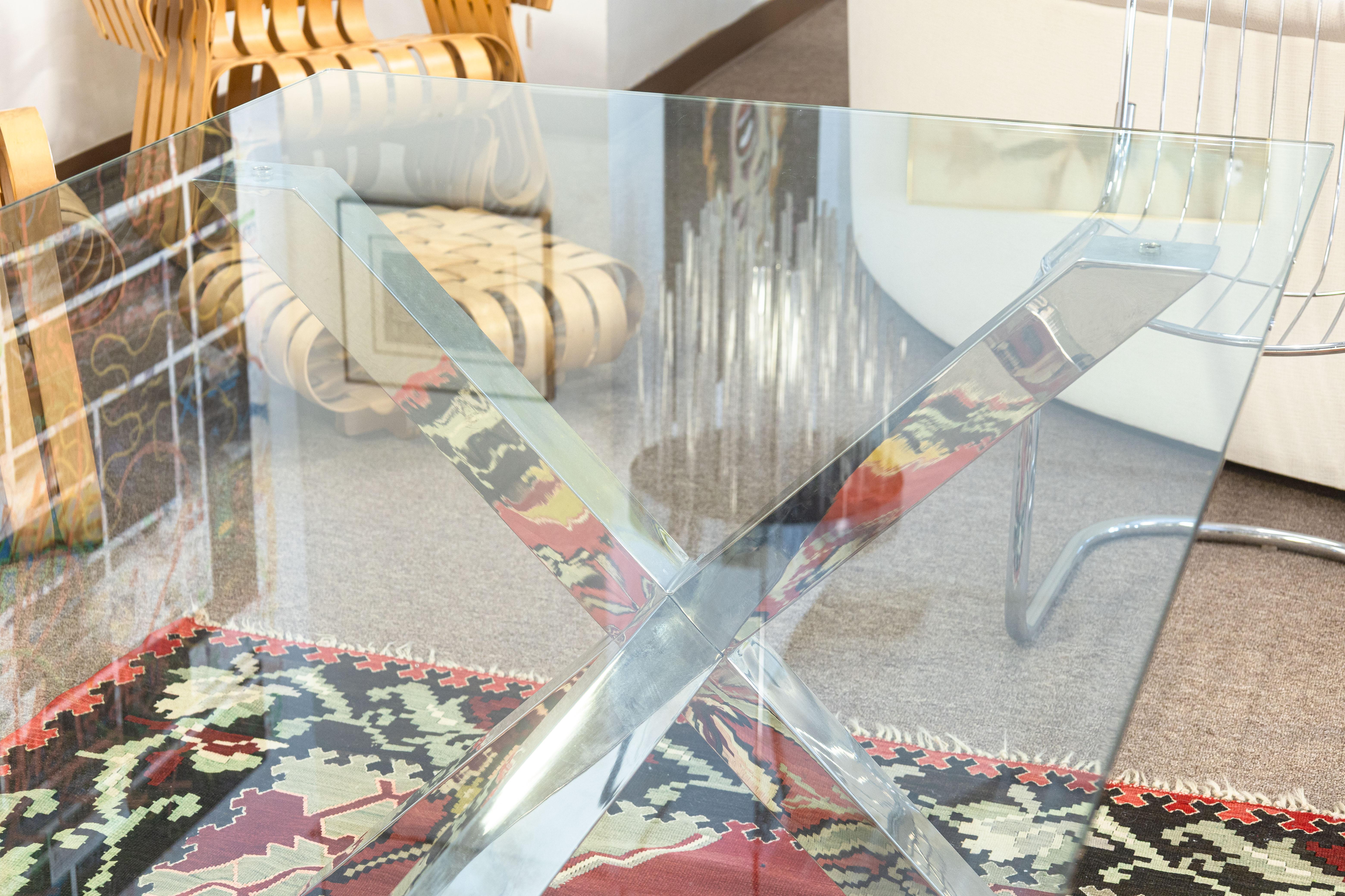 Unknown Contemporary Modern X Shaped Base Chrome and Glass Rectangular Dining Table For Sale