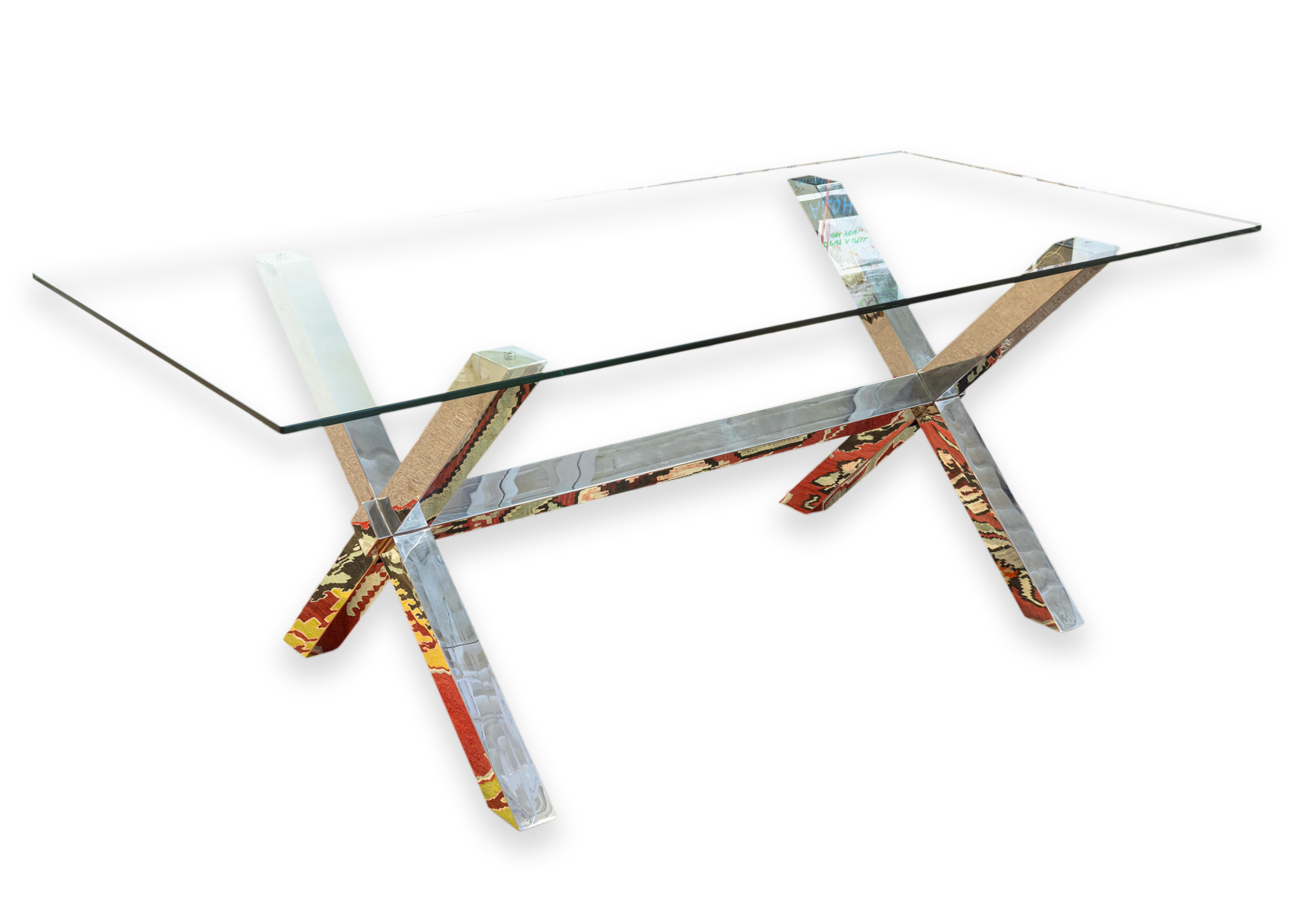 Contemporary Modern X Shaped Base Chrome and Glass Rectangular Dining Table For Sale 1